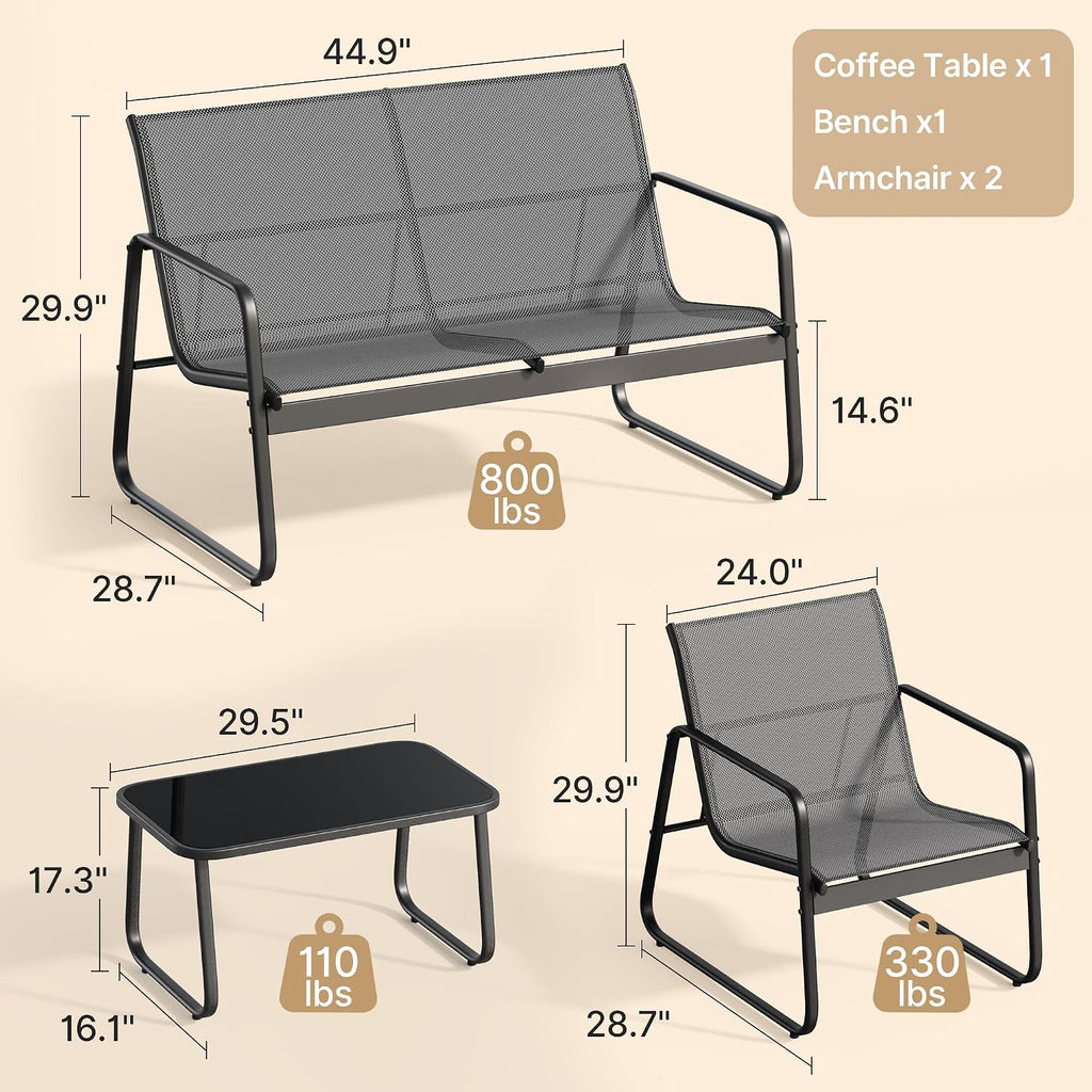 Gizoon 4 Piece Patio Furniture Set, Outdoor Conversation Set, with Glass Coffee Table, Loveseat, 2 Single Chairs, All Weather Textile Fabric, for Backyard, Balcony, Lawn, Garden, Poolside, Grey