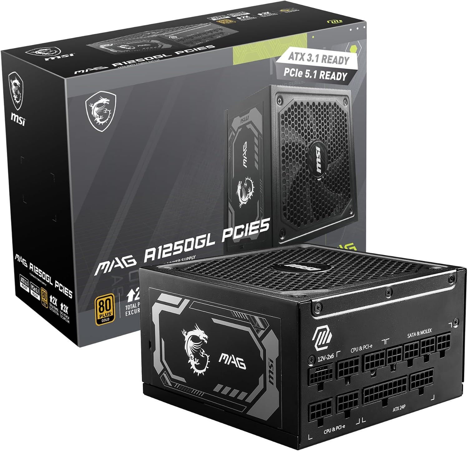 MSI MAG A1250GL PCIE5, Fully Modular Compact Gaming 1250W Power Supply, 80+ Gold, ATX 3.1 & PCIe 5.1 Ready, Native Dual-Color 12V-2x6 Cable, 10 Year Warranty