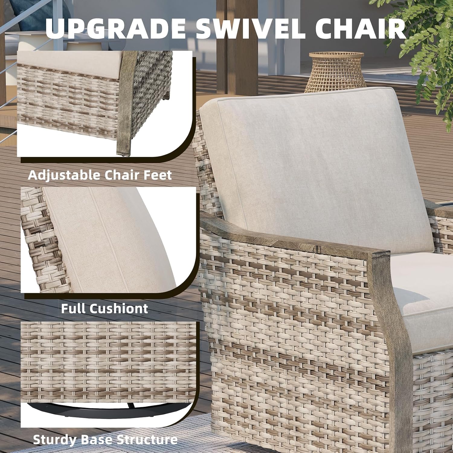 MELLCOM 4 Pieces Outdoor Patio Furniture Set with Swivel Chairs, All Weather Rattan Wicker Patio Conversation Set with 3-Seater Sofa, Coffee Table for Patio, Balcony, Porch, Deck