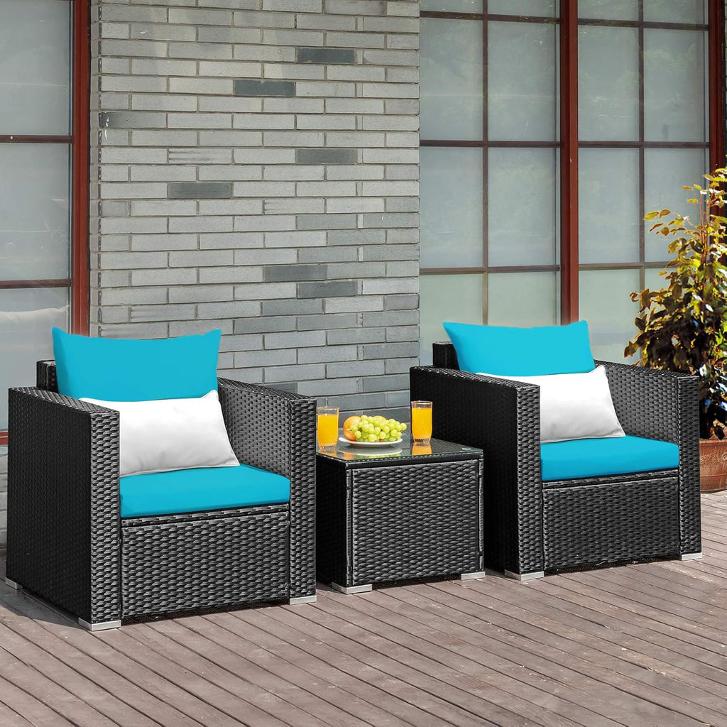 COSTWAY 3-Piece Outdoor Patio Furniture Set, Cushioned Armchairs and Tempered Glass Coffee Table, Wicker Rattan Sofa Set for Garden, Balcony, Backyard (Turquoise)