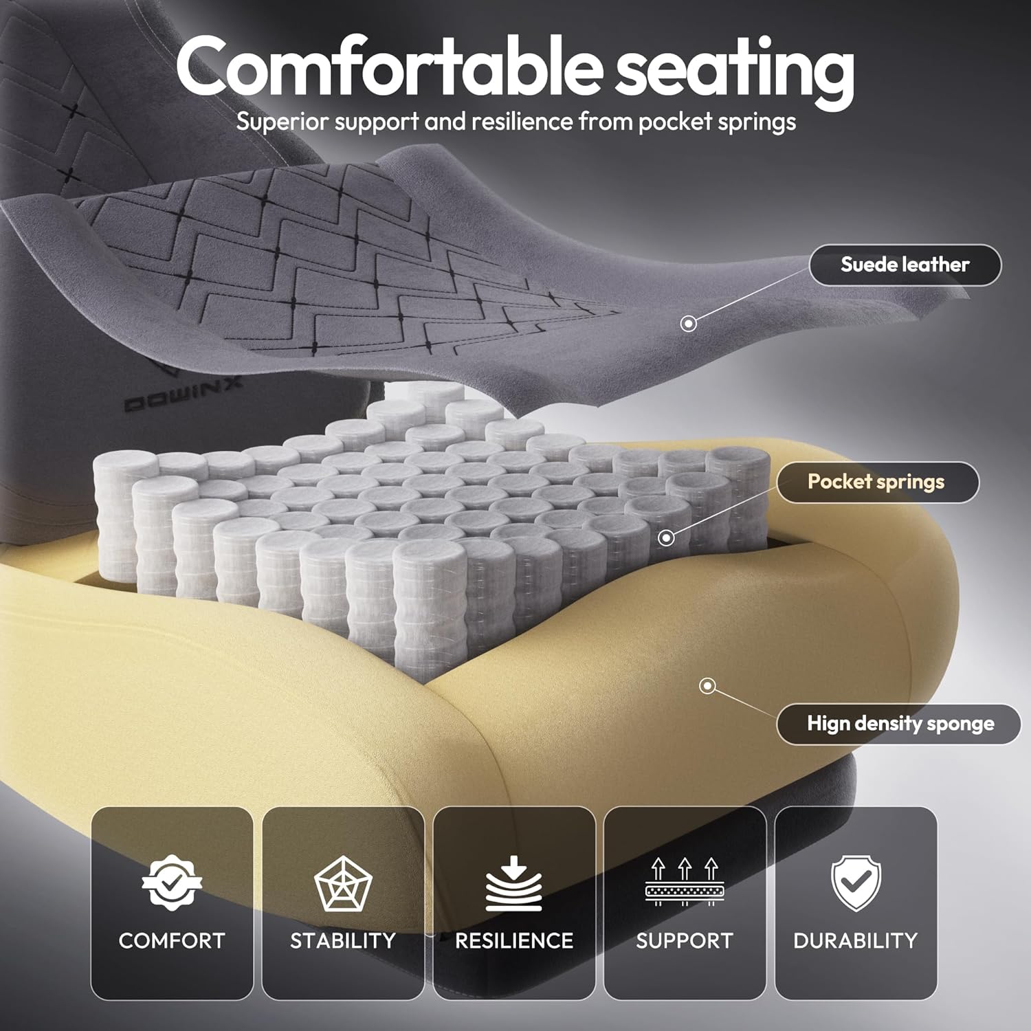 Dowinx Gaming Chair with Heated Massage Lumbar Support,Big and Tall Fabric Gaming Chairs for Adults with Footrest, Ergonomic Computer Game Chair with Poket Spring Cushions, 350lbs, Gray