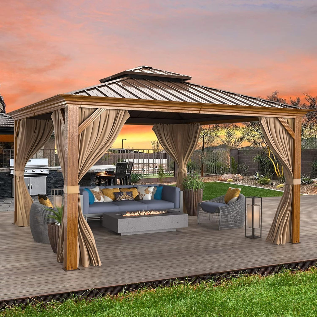 MELLCOM 12'x12' Hardtop Gazebo, Wood Grain Aluminum Frame Outdoor Gazebo with Double Galvanized Steel Roof, Permanent Metal Pavilion with Curtains and Nettings for Patio, Backyard, Deck and Lawns