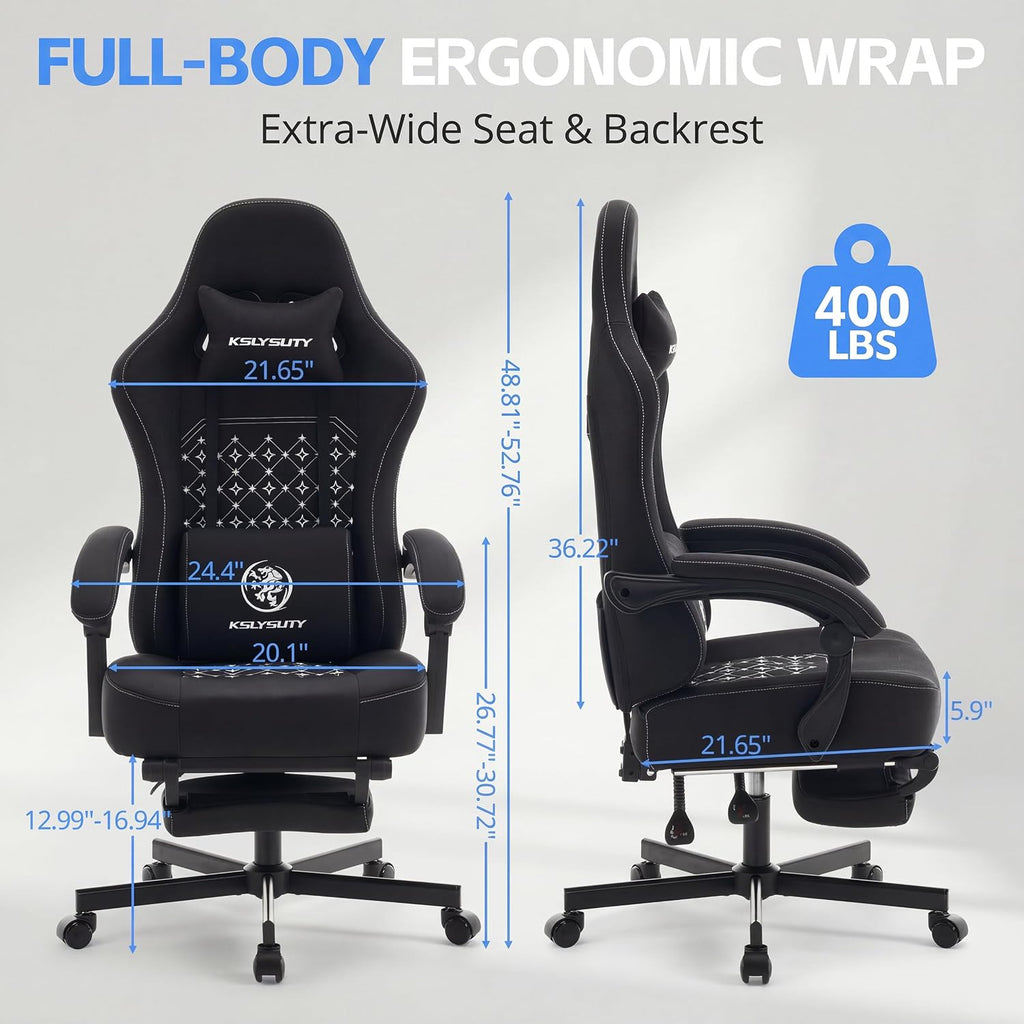 Gaming Chair Breathable Fabric with Pocket Spring Cushion, Wide and High Ergonomic Office Chair with Headrest, Computer Gaming Chair with Footrest for Adult and Teen (Black Fabric)