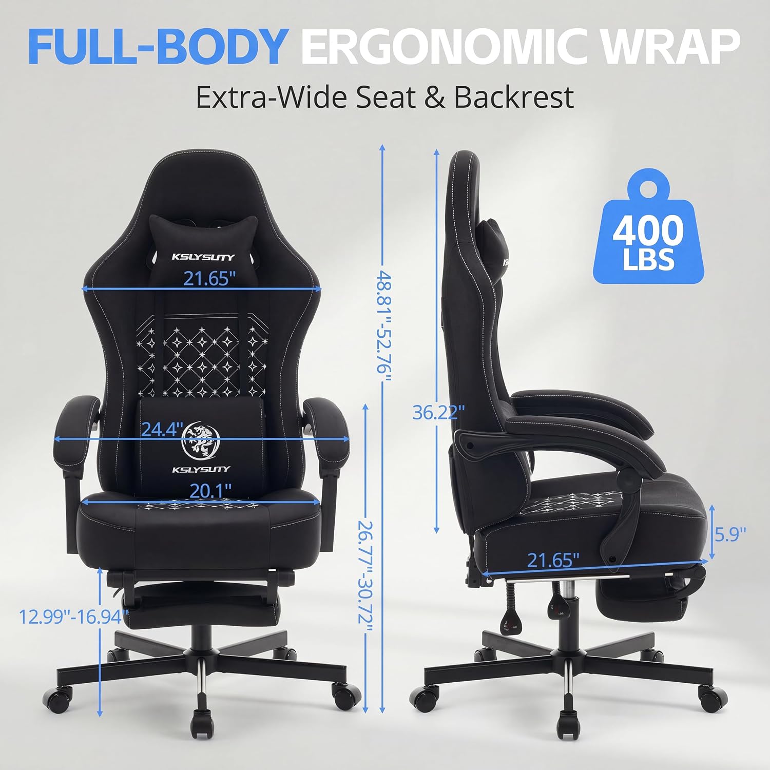 Gaming Chair Breathable Fabric with Pocket Spring Cushion, Wide and High Ergonomic Office Chair with Headrest, Computer Gaming Chair with Footrest for Adult and Teen (Black Fabric)