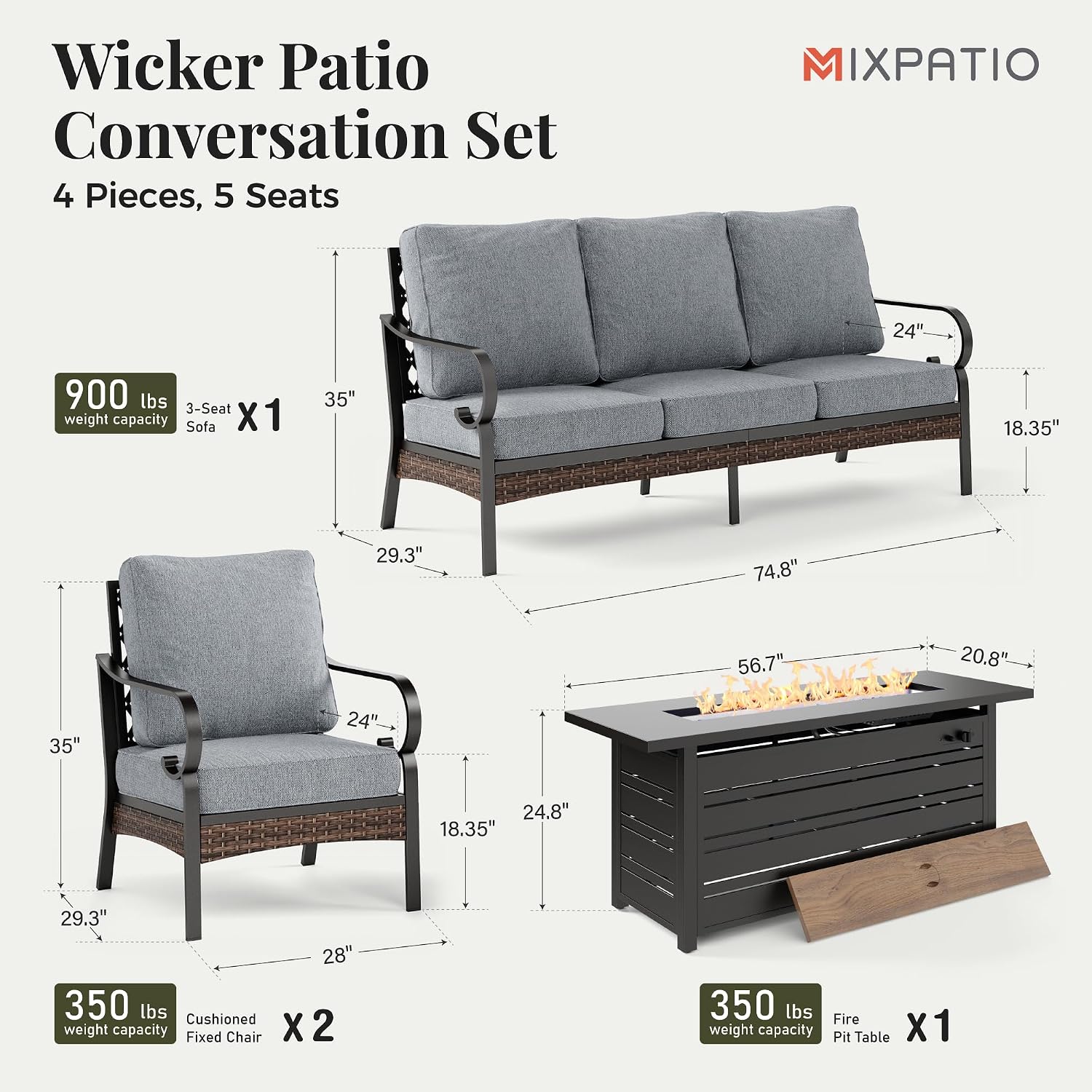 MIXPATIO Patio Furniture Set with Fire Pit Table, 4 PCS Metal Outdoor Conversation Set with 5.75'' Extra Thick Cushion, 2 Chairs, 3-Seat Sofa and Gas Fire Pit Table, Grey