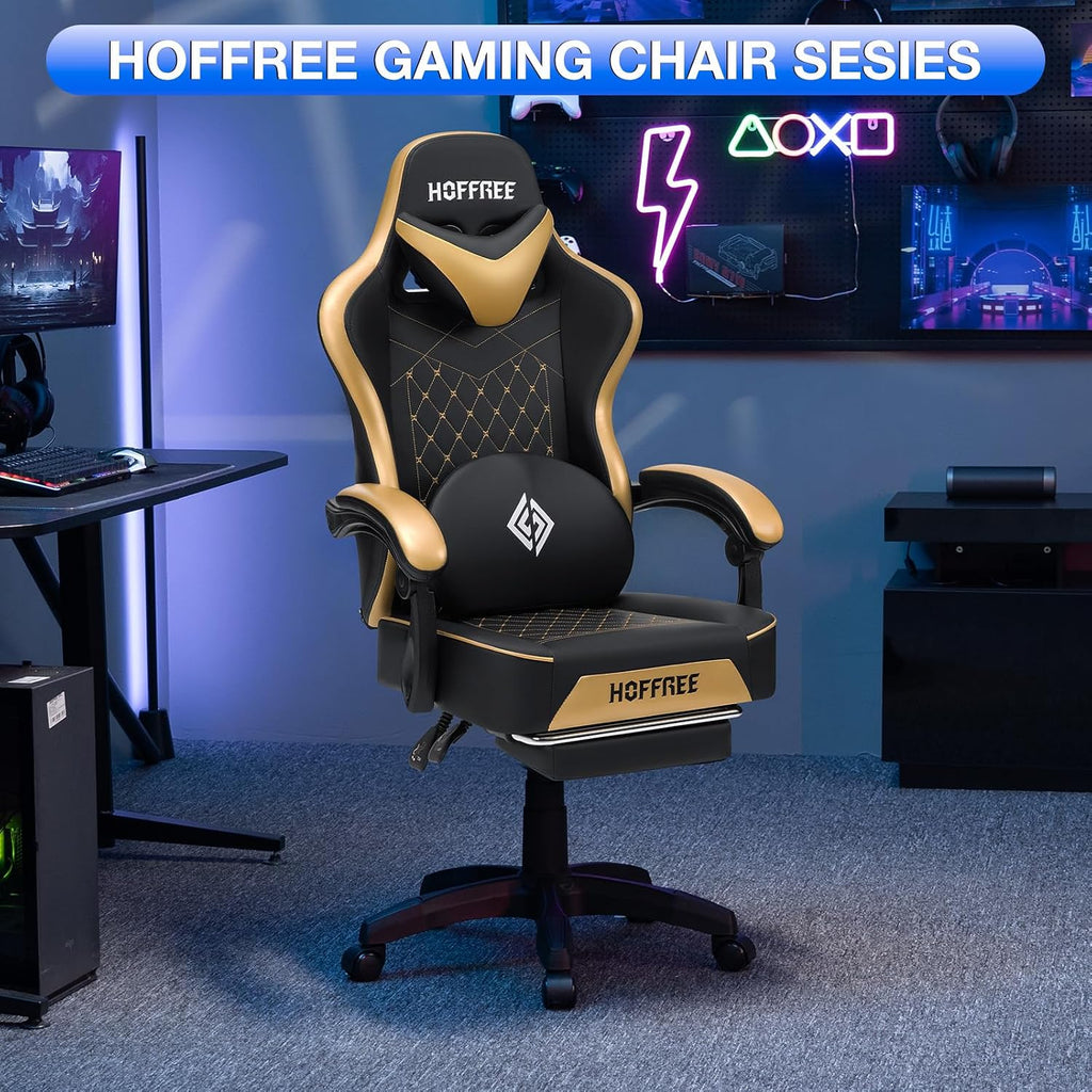 HOFFREE Gaming Chair Computer Chair with Speakers Massage Game Chairs with Footrest Bluetooth High Back Ergonomic Computer Gaming Chairs for Adults Reclining Video Gamer Chair Gold and Black