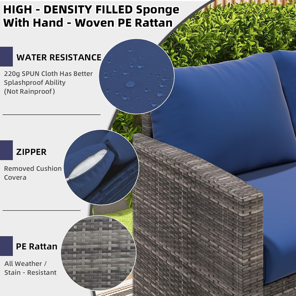AECOJOY Outdoor Patio Furniture Set with Waterproof Cover, 7 Pieces Clearance Sectional Rattan Dining Table&Chairs, All Weather Wicker Conversation Sofa Couch, Dark Blue Cushions&Grey Rattan