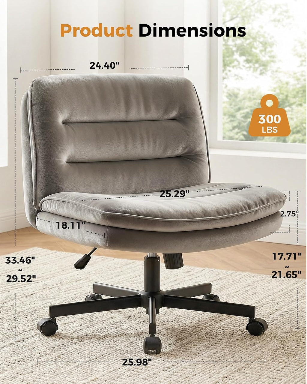 COMHOMA Cross Legged Office Chair with Wheels Armless-Office Desk Chair, Modern Vanity Computer Task Chairs for Home Bedroom, Comfortable Wide Seat for Lower Back Pain Relief, Soft Velvet, Gray