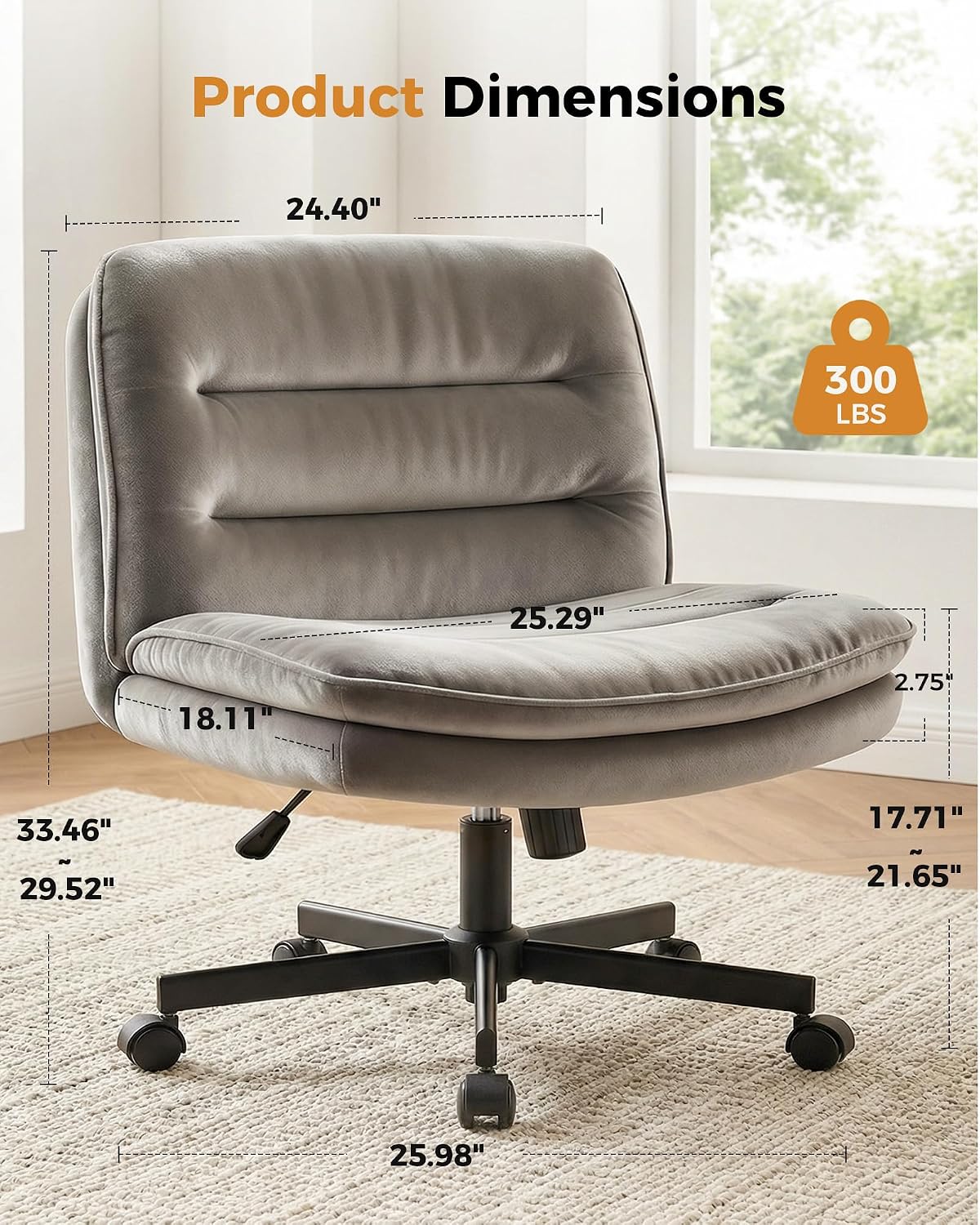 COMHOMA Cross Legged Office Chair with Wheels Armless-Office Desk Chair, Modern Vanity Computer Task Chairs for Home Bedroom, Comfortable Wide Seat for Lower Back Pain Relief, Soft Velvet, Gray