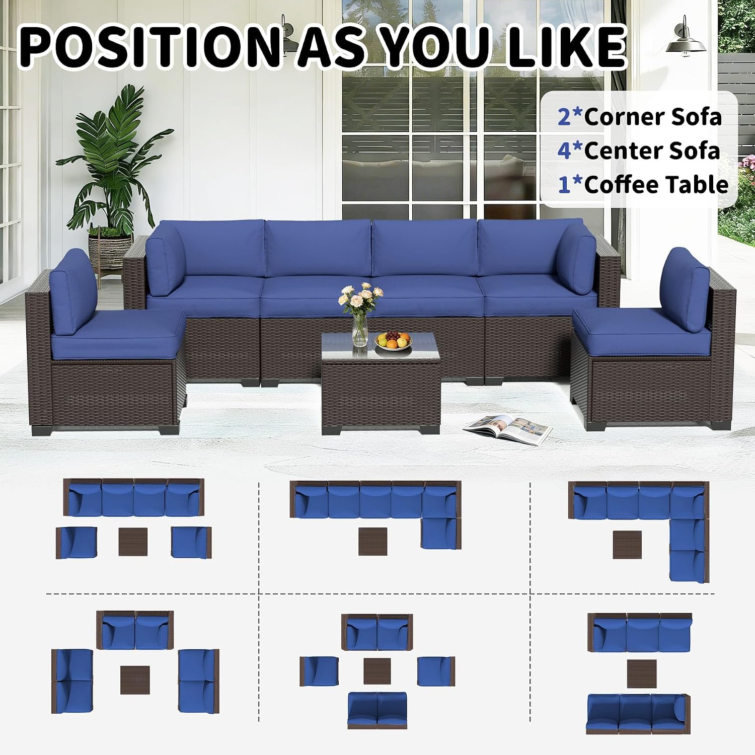 YLGJ&TIDY 7-Piece Outdoor Sectional Patio Furniture Set, All-Weather Wicker Rattan Sofa w/Thick Washable Cushions & Tempered Glass Table, Perfect for Garden, Poolside, Backyard (7, Navy Blue)