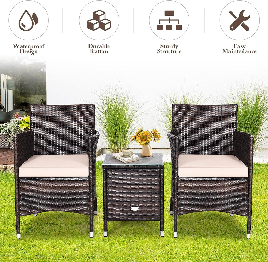 DORTALA Wicker Patio Furniture Set 3 Piece, Small Outdoor Table & Chairs Set with Cushions, All-Weather Rattan Conversation Bistro Set for Balcony, Porch, Backyard, Deck, Beige