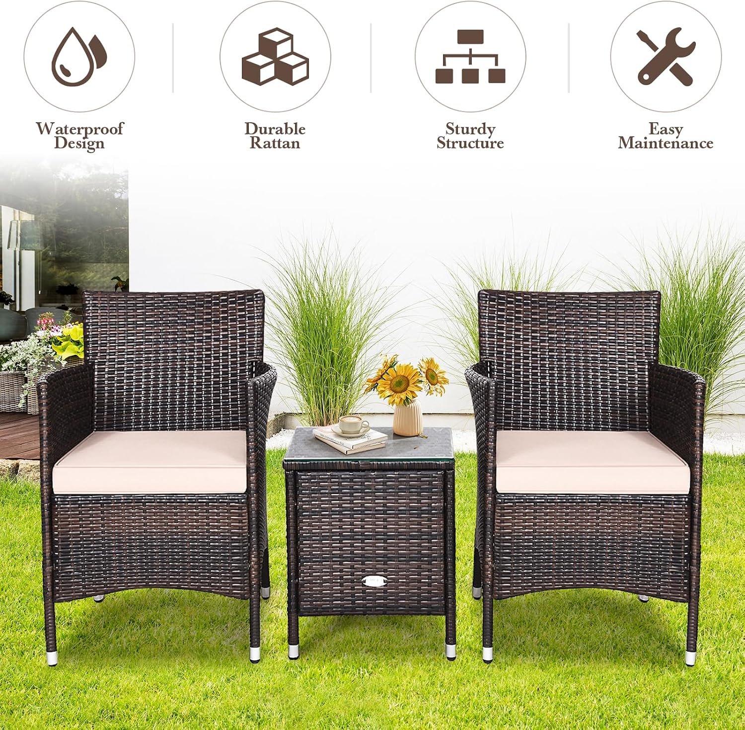 DORTALA Wicker Patio Furniture Set 3 Piece, Small Outdoor Table & Chairs Set with Cushions, All-Weather Rattan Conversation Bistro Set for Balcony, Porch, Backyard, Deck, Beige