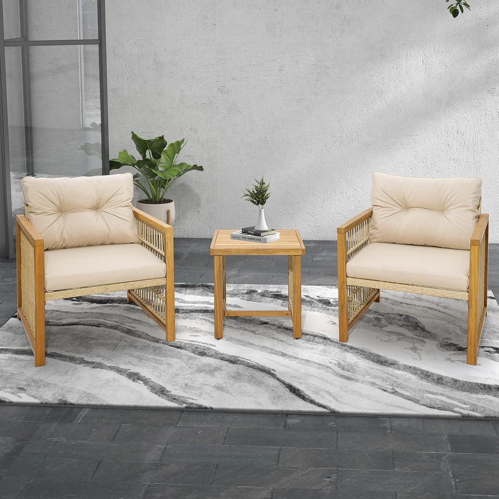 Tangkula 3 Pieces Acacia Wood Patio Furniture Set, PE Wicker Bistro Set with Cushioned Chairs and Coffee Table, Outdoor Conversation Set for Porch, Deck, Balcony, Backyard (Beige)