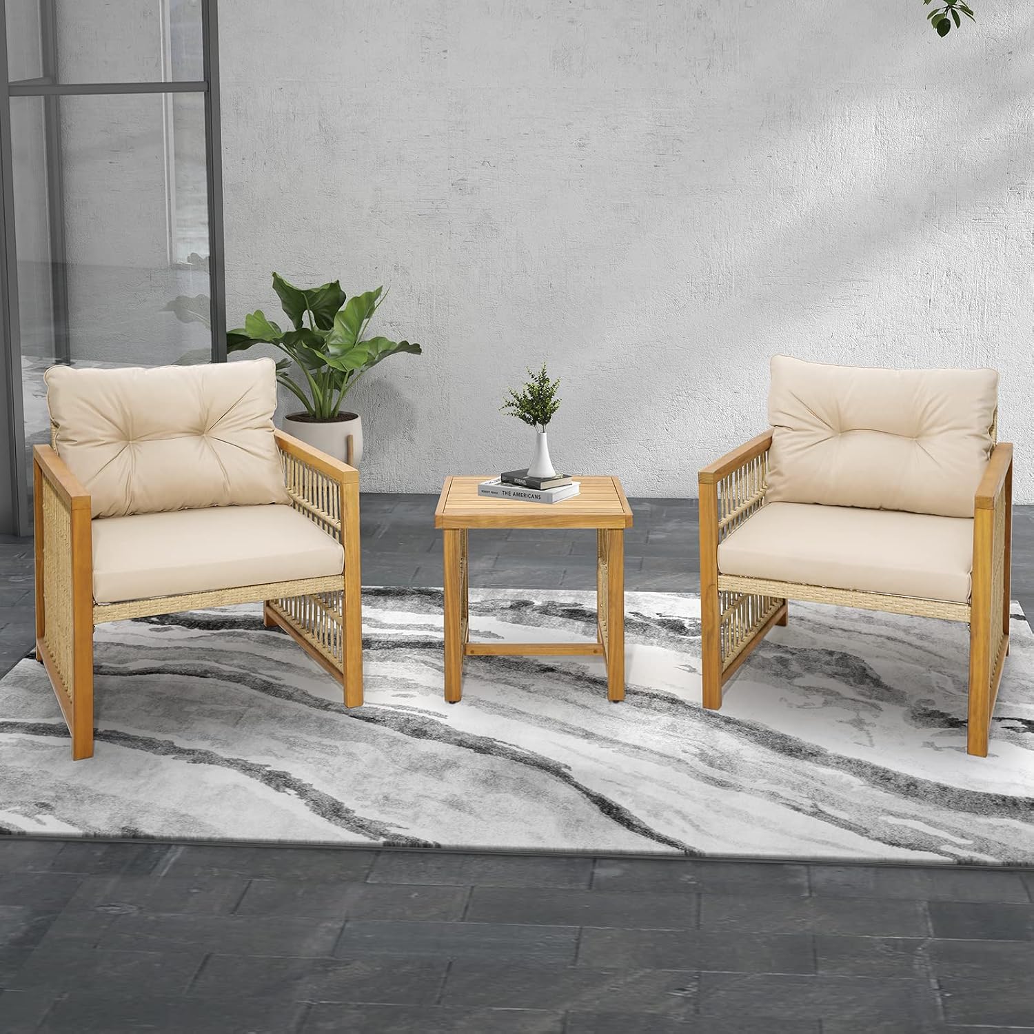 Tangkula 3 Pieces Acacia Wood Patio Furniture Set, PE Wicker Bistro Set with Cushioned Chairs and Coffee Table, Outdoor Conversation Set for Porch, Deck, Balcony, Backyard (Beige)