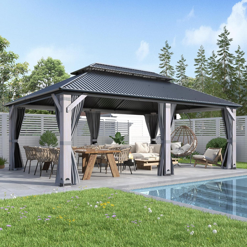 COVERONICS 12'x20' Outdoor Wood Gazebo - Hardtop Wooden Gazebo with Galvanized Steel Roof, Heavy-Duty Pavilion with Netting & Curtains for Garden, Poolside, Deck, Backyard