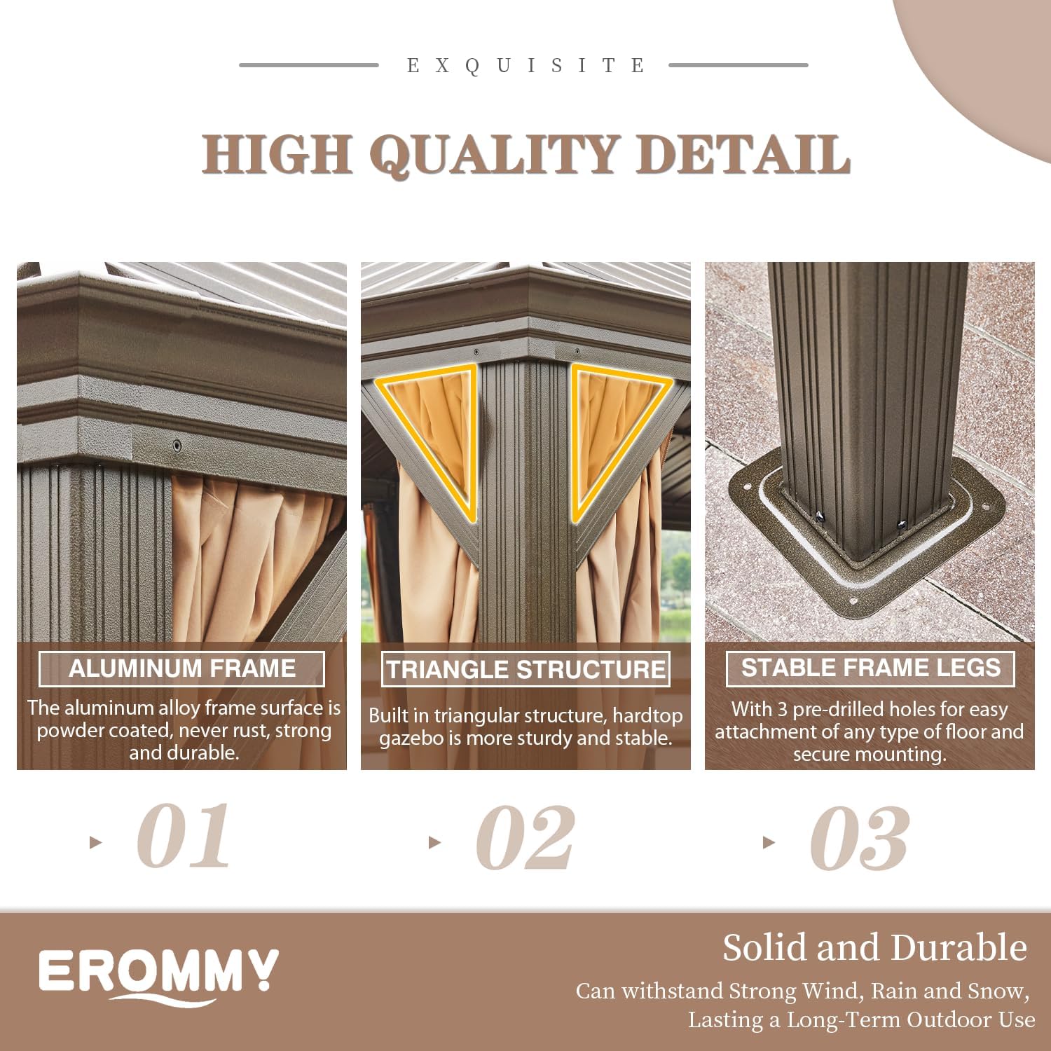 EROMMY 10'x13' Hardtop Gazebo, Galvanized Steel Outdoor Aluminum Canopy with Netting and Shaded Curtains, Double Roof Pergolas, Permanent Metal Pavilion for Patio, Backyard, Deck and Lawns, Brown