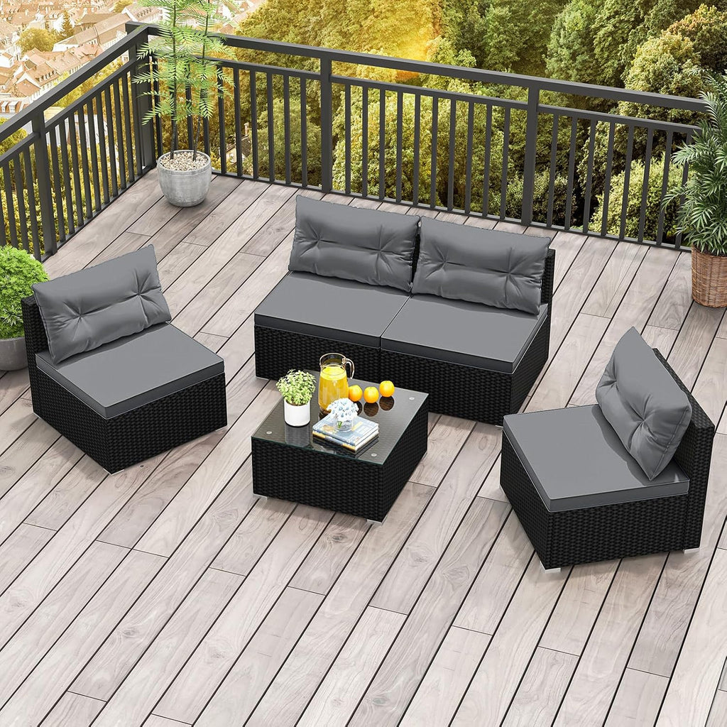 RELAX4LIFE 5-Piece Outdoor Patio Furniture Set, Rattan Sectional Sofa Set w/Glass-Top Coffee Table, Soft Seat & Back Cushions, Bistro Set for Garden Backyard Porch, Wicker Conversation Set (Grey)