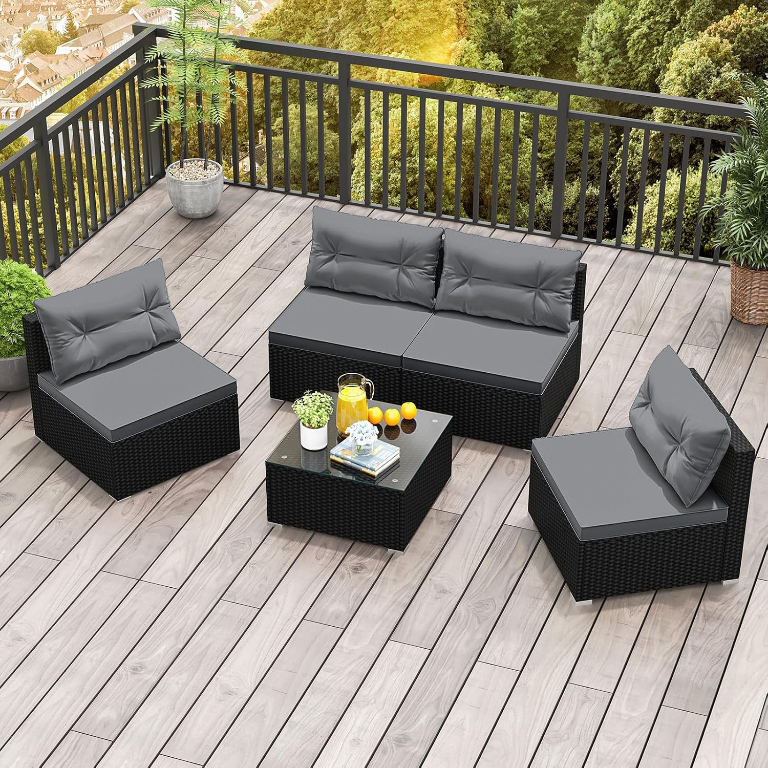 RELAX4LIFE 5-Piece Outdoor Patio Furniture Set, Rattan Sectional Sofa Set w/Glass-Top Coffee Table, Soft Seat & Back Cushions, Bistro Set for Garden Backyard Porch, Wicker Conversation Set (Grey)