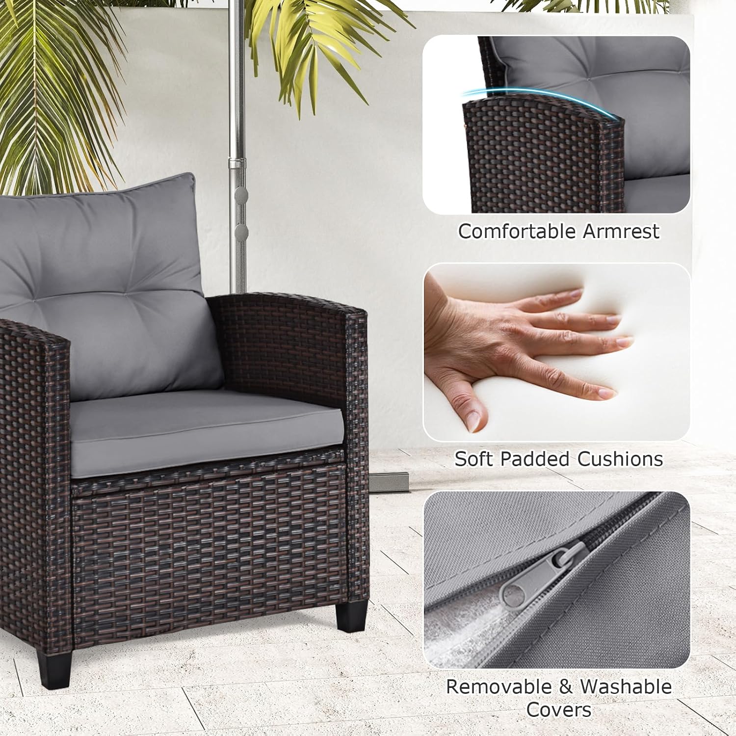 ORALNER 3 Pieces Patio Furniture Set, Outdoor Wicker Conversation Set Rattan Chairs with Cushions, Glass Coffee Table, Bistro Set for Front Porch Balcony Garden Deck Poolside (Grey)