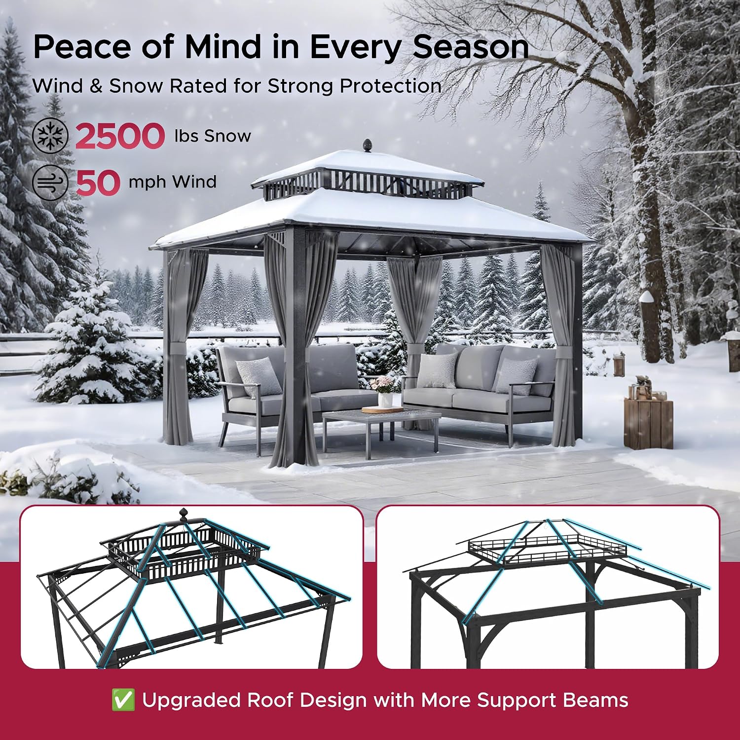 SUNJOY Kingston 12' x 10' Hardtop Gazebo with Galvanized Steel/Polycarbonate Double Roof, Curtain and Netting, Gray Aluminum Posts Permanent Pavilion Gazebo for Garden, Patio, Deck, Lawn