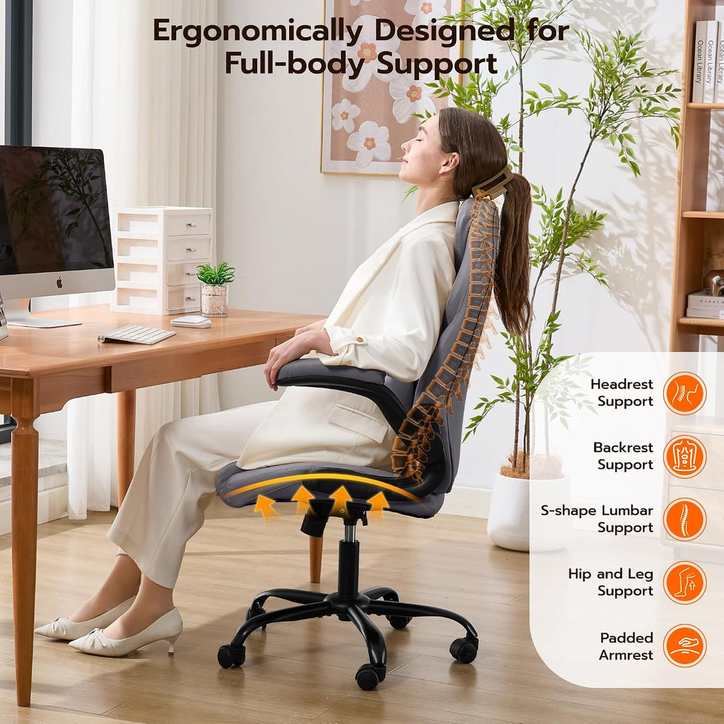 Ylzyxal Office Desk Chair, Ergonomic Computer Chair with Padded Flip-Up Arms and Adjustable Lumbar Support, PU Leather Executive Chair with Tilt Lock and 360° Swivel Rolling Wheels for Work, Study