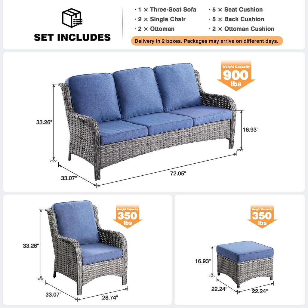 ovios 5-Pieces Patio Furniture Set, Outdoor Wicker Sofa Couch with Chairs Ottomans Comfy Cushions, High Back Modern All Weather Conversation Set, Grey Rattan, Denim Blue