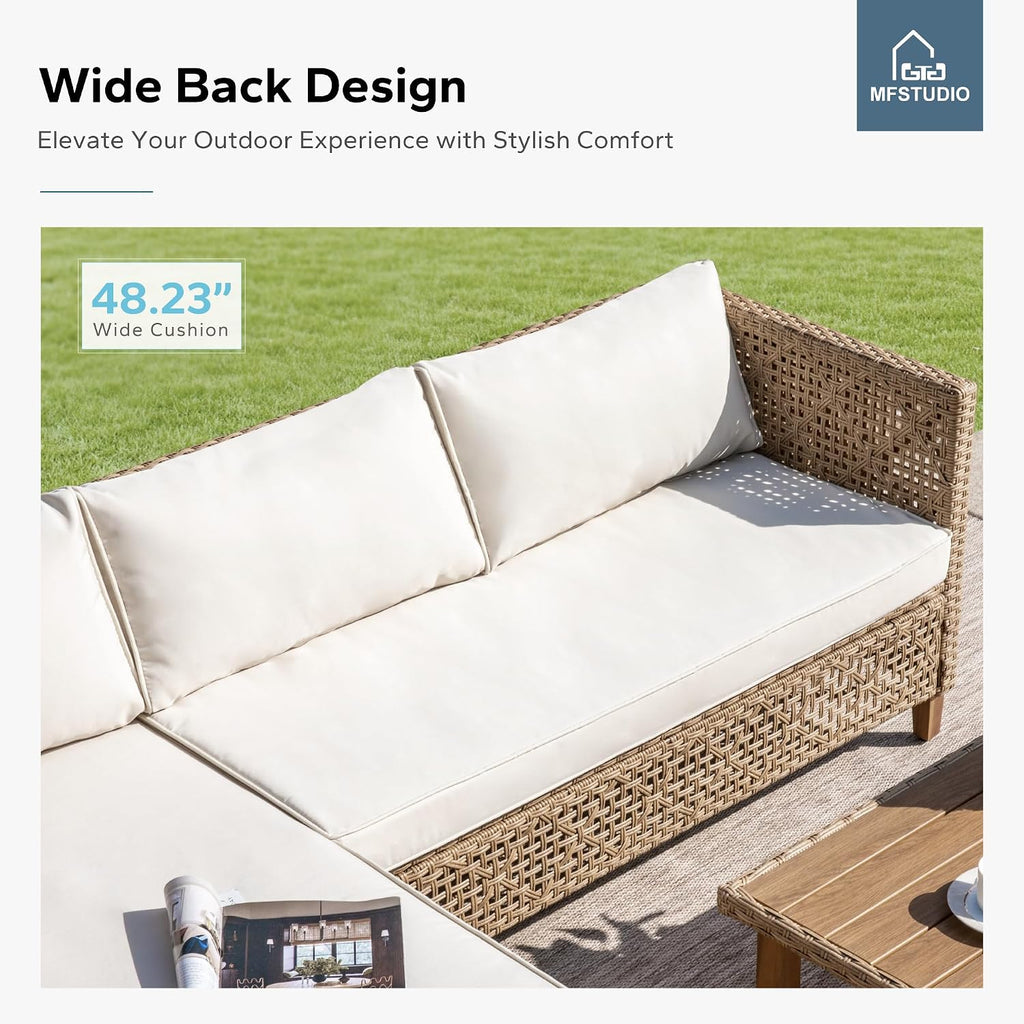 MFSTUDIO Wicker Patio Furniture Set, Rattan Outdoor Couch Sectional Sofa, 5 Pieces Patio Conversation Set with Acacia Wood Coffee Table, Outdoor Rattan Furniture Set for Garden or Balcony, Beige
