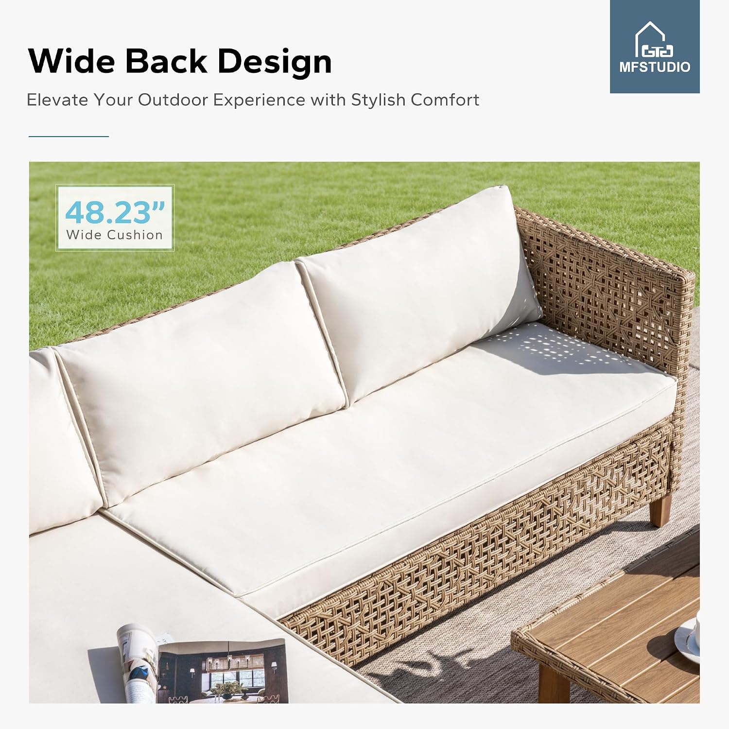 MFSTUDIO Wicker Patio Furniture Set, Rattan Outdoor Couch Sectional Sofa, 5 Pieces Patio Conversation Set with Acacia Wood Coffee Table, Outdoor Rattan Furniture Set for Garden or Balcony, Beige