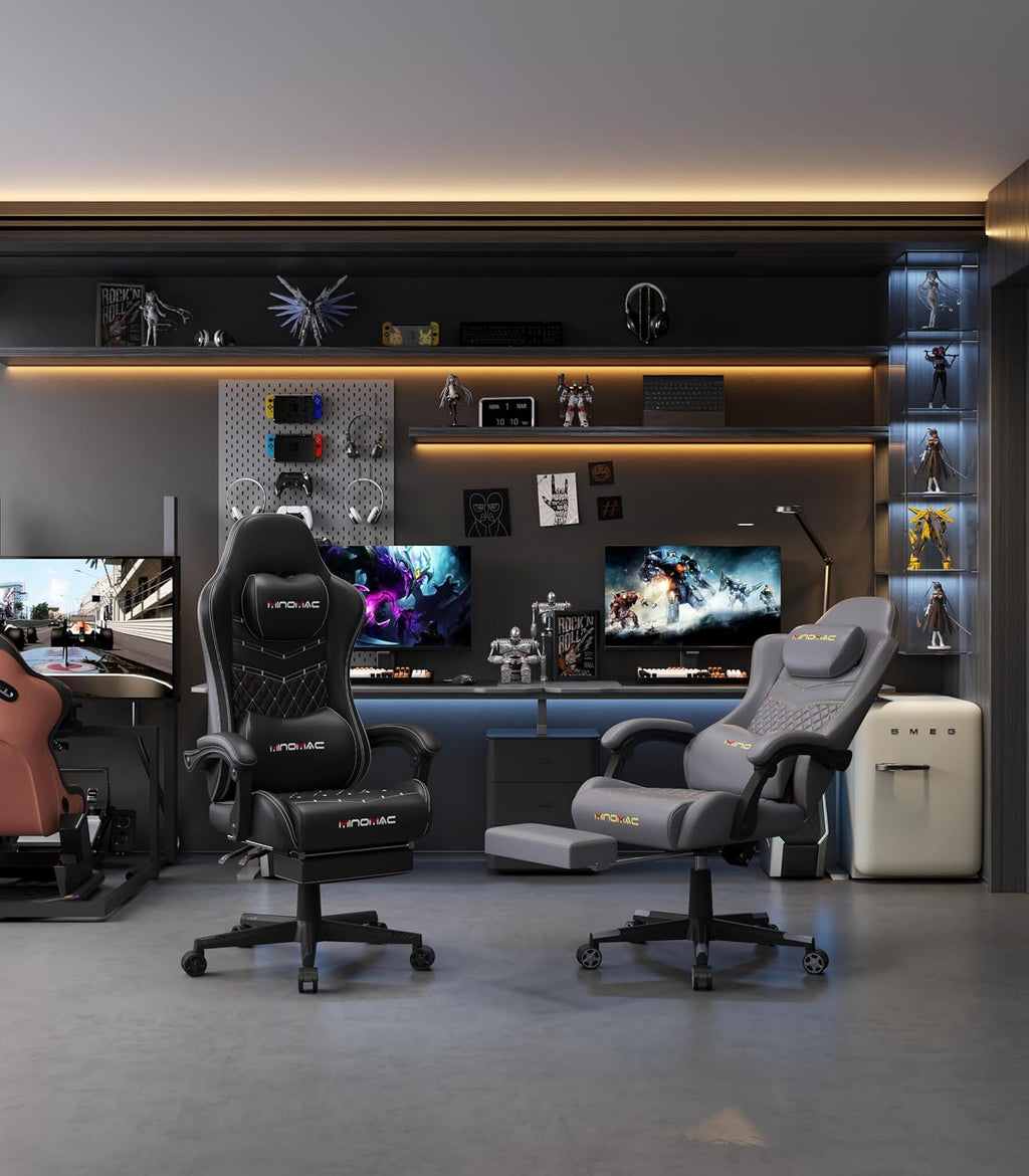 Gaming Chair,Ergonomic Computer Gaming Chair,400lb Load-Bearing,Retractable Footrest/Waist Support/Ergonomic Backrest[Spring + 4D Sponge] (Black)