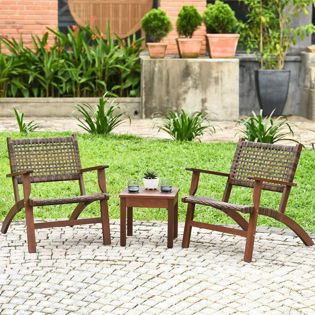 Tangkula 3 Pieces Patio Conversation Set, Solid Eucalyptus Wood Frame Outdoor Wicker Furniture Set Bistro Set with Coffee Table, Rattan Furniture Set for Backyard Porch Garden Poolside Balcony (Brown)