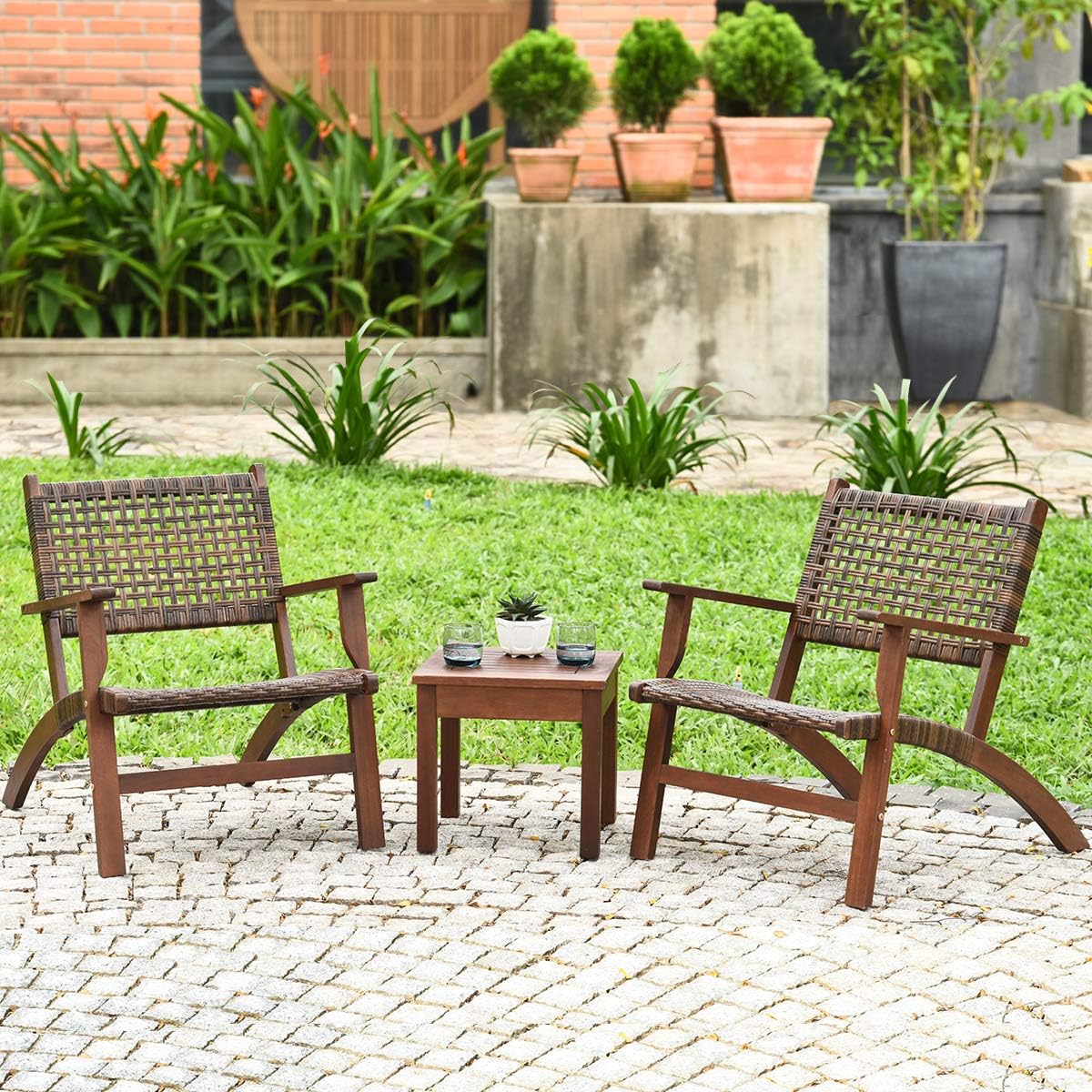 Tangkula 3 Pieces Patio Conversation Set, Solid Eucalyptus Wood Frame Outdoor Wicker Furniture Set Bistro Set with Coffee Table, Rattan Furniture Set for Backyard Porch Garden Poolside Balcony (Brown)