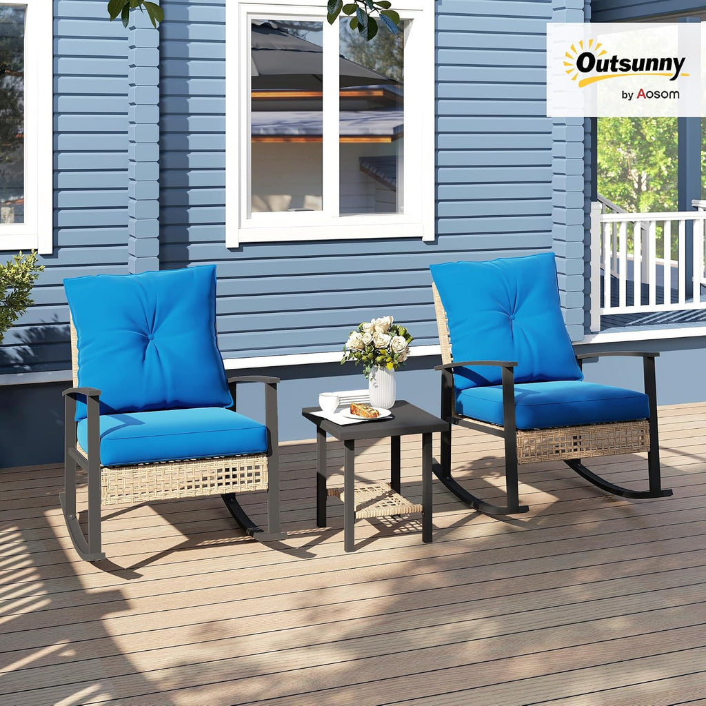 Outsunny 3 Pieces Rocking Wicker Outdoor Bistro Set, Rattan Patio Furniture Set with Coffee Table and Porch Chairs, Button Tufted Cushions for Backyard, Balcony, Garden, Dark Blue