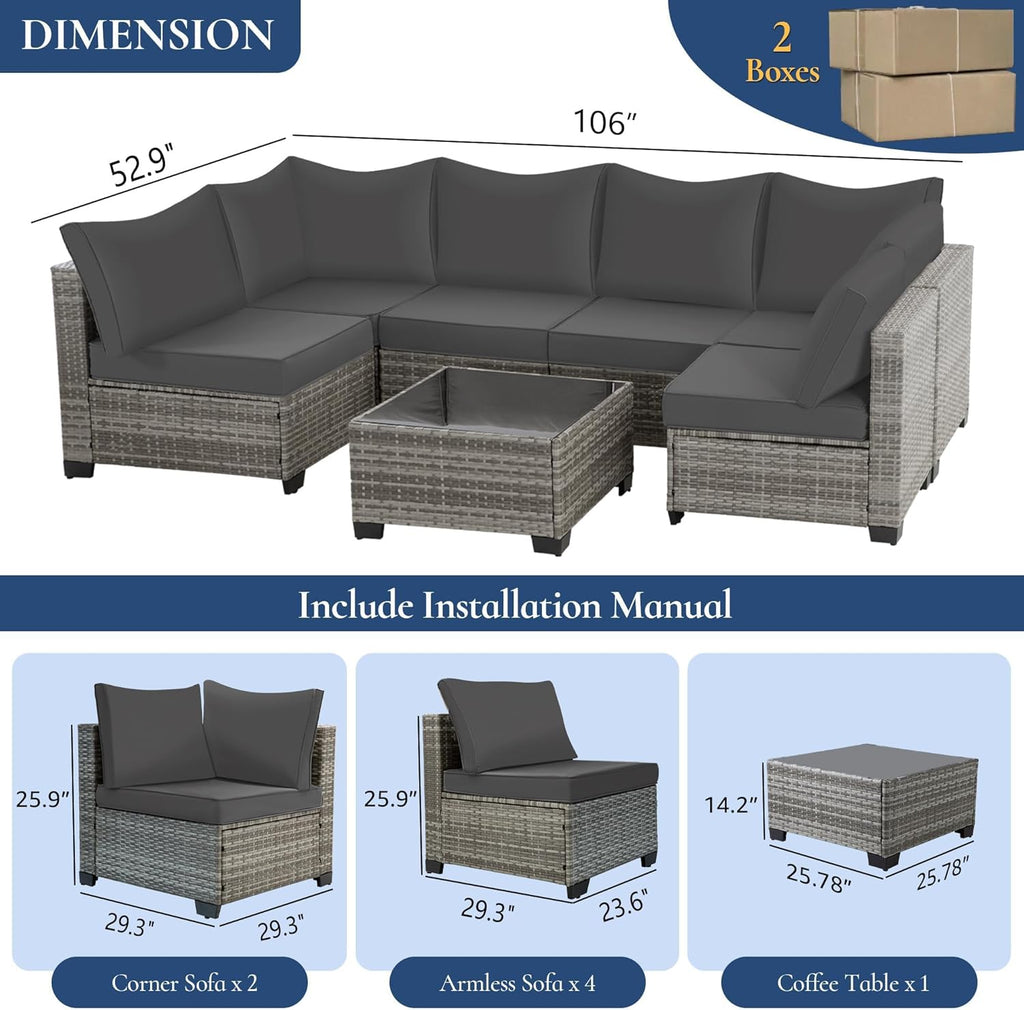 FHFO 7 Piece Outdoor Wicker Patio Furniture Set, Rattan Sectional Sofa Couch, Patio Conversation Set with Cushion & Coffee Table, for Backyard Poolside Porch Garden, Grey-Grey