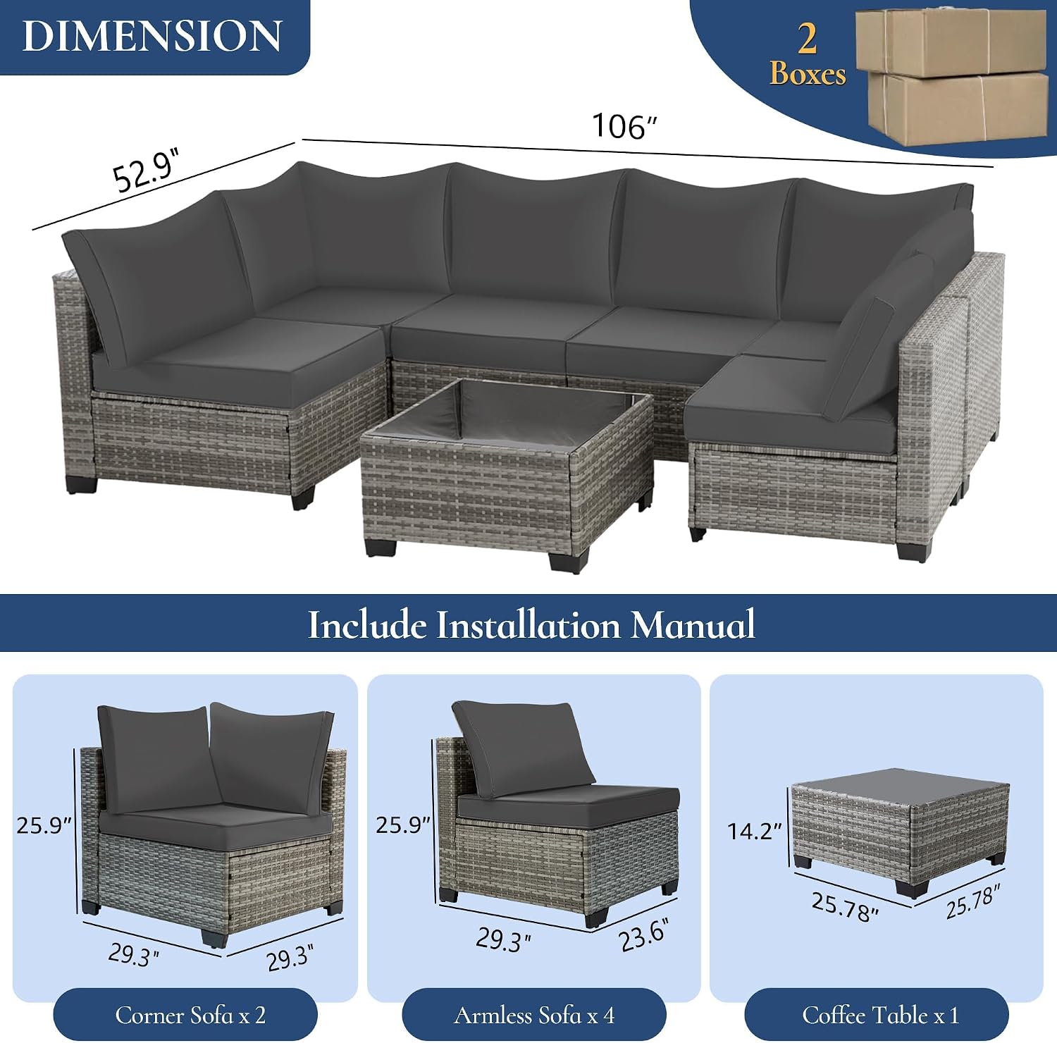 FHFO 7 Pieces Outdoor Patio Furniture Set, Outdoor Conversation Sets Wicker Sectional Couch Rattan Sofa with Thick Cushions & Coffee Table for Garden, Balcony, Backyard, Grey-Grey