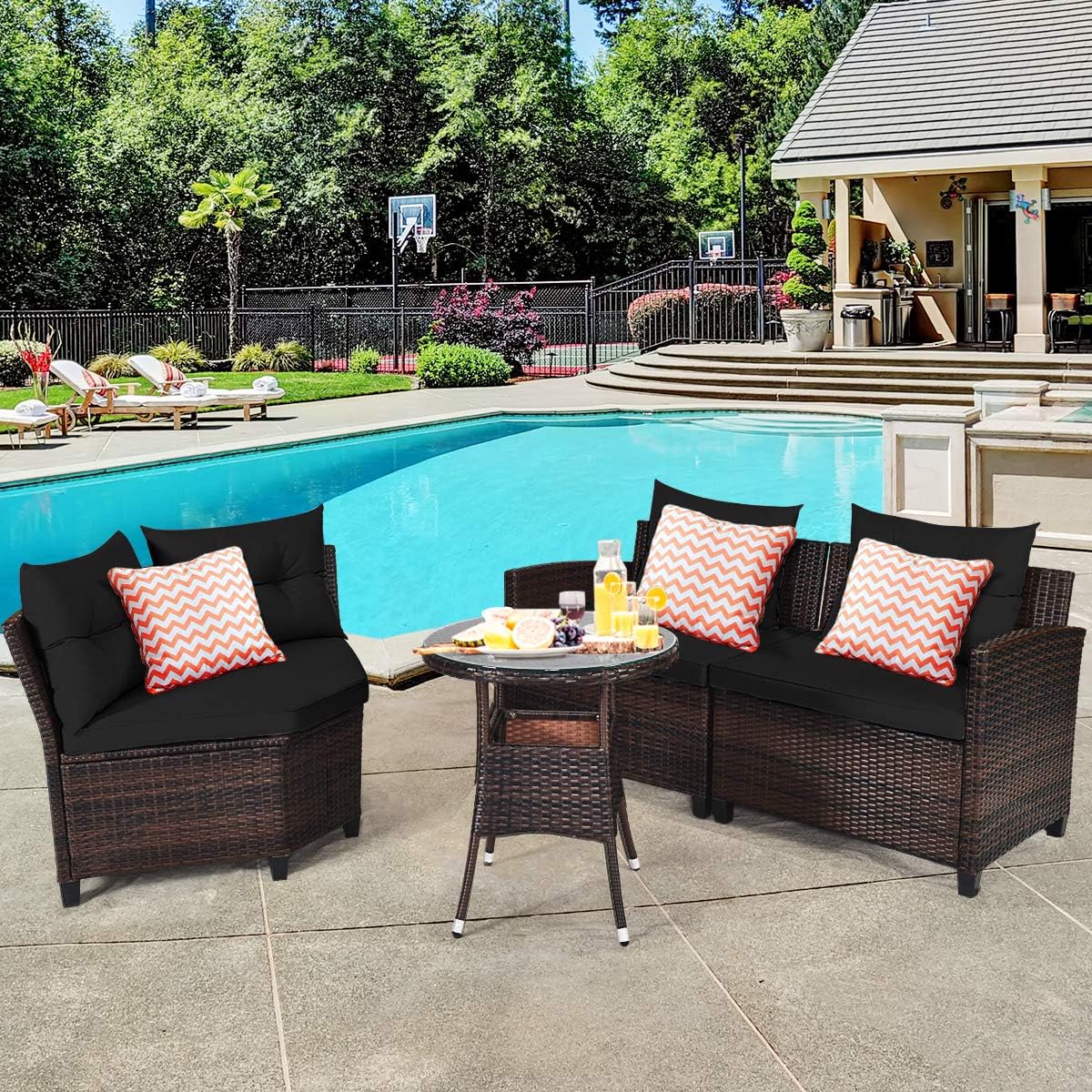 Tangkula 4-Piece C Shape Patio Furniture Set, Outdoor Corner Wicker Rattan Sectional Cushioned Sofa Set, with Glass Coffee Table, for Garden Poolside Balcony (Black)