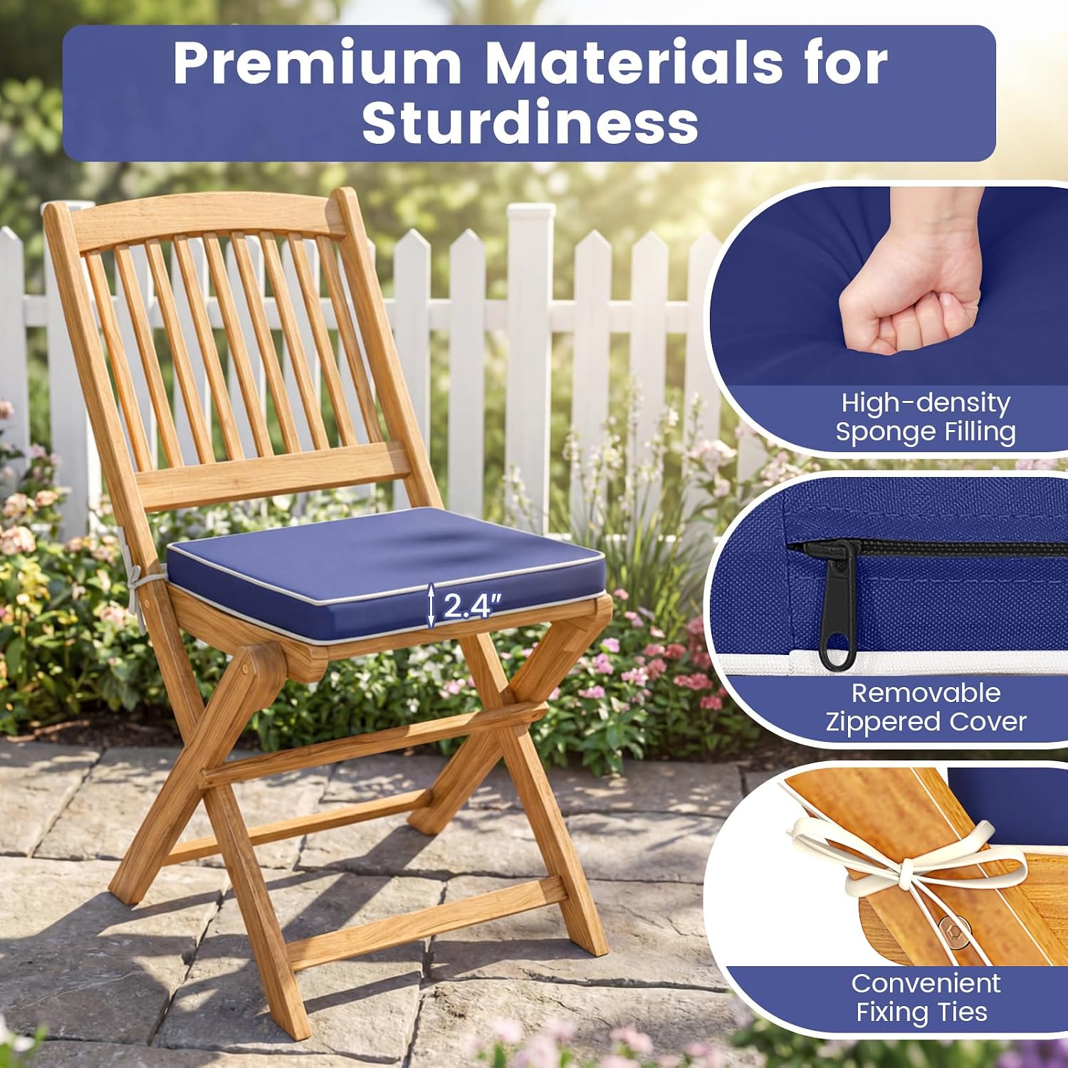 Giantex 3Pcs Patio Bistro Set, Wood Folding Table Set, 2 Cushioned Chairs for Garden Yard, Outdoor Furniture Round Table (Natural & Navy Blue)