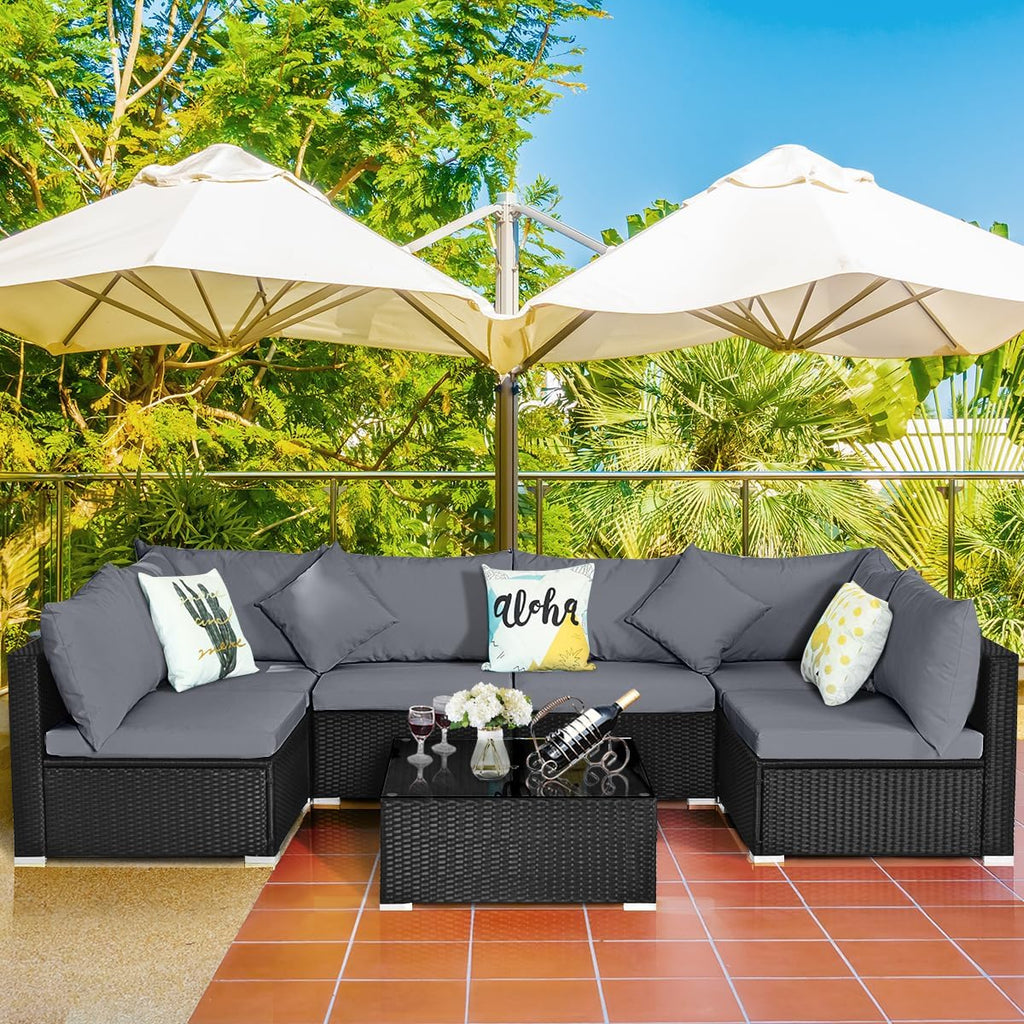Tangkula 7-Piece Patio Furniture Set, Outdoor Sectional Sofa with Pillows and Cushions, Wicker Conversation Set with Coffee Table and Tea Table for Garden, Lawn (Grey)