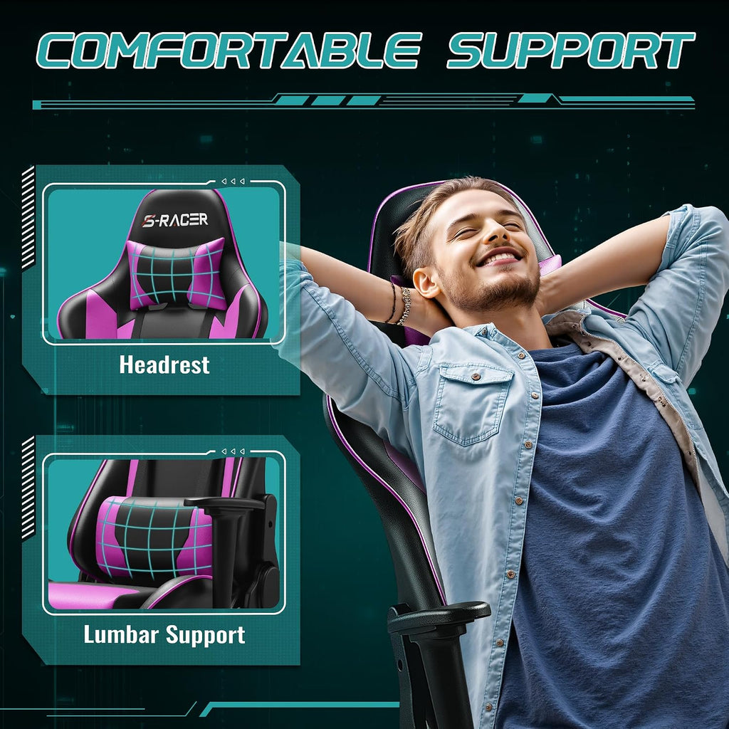 Furniwell Gaming Chair Racing Computer Chair PC Office Desk Chair Adjustable Swivel High Back Carbon Fiber Style PU Leather Executive Ergonomic Chair with Headrest and Lumbar Support (Violet)