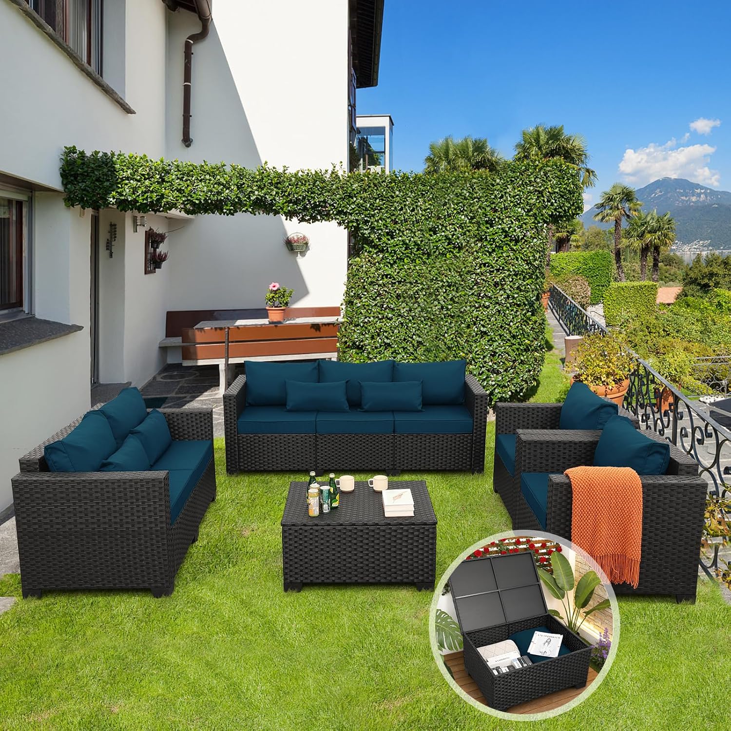 Rattaner Patio Furniture Set 5 Pieces Outdoor Furniture Sets Patio Couch Outdoor Chairs Coffee Table Peacock Blue Anti-Slip Cushions and Waterproof Covers