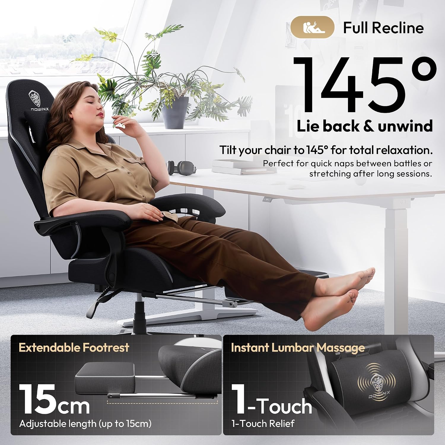 Dowinx Big and Tall Gaming Chair Fabric with Footrest Pocket Spring Cushion for Home Office, High Back Recliner Height Adjustable Ergonomic Comfy Cloth Computer Desk Chair, Black White