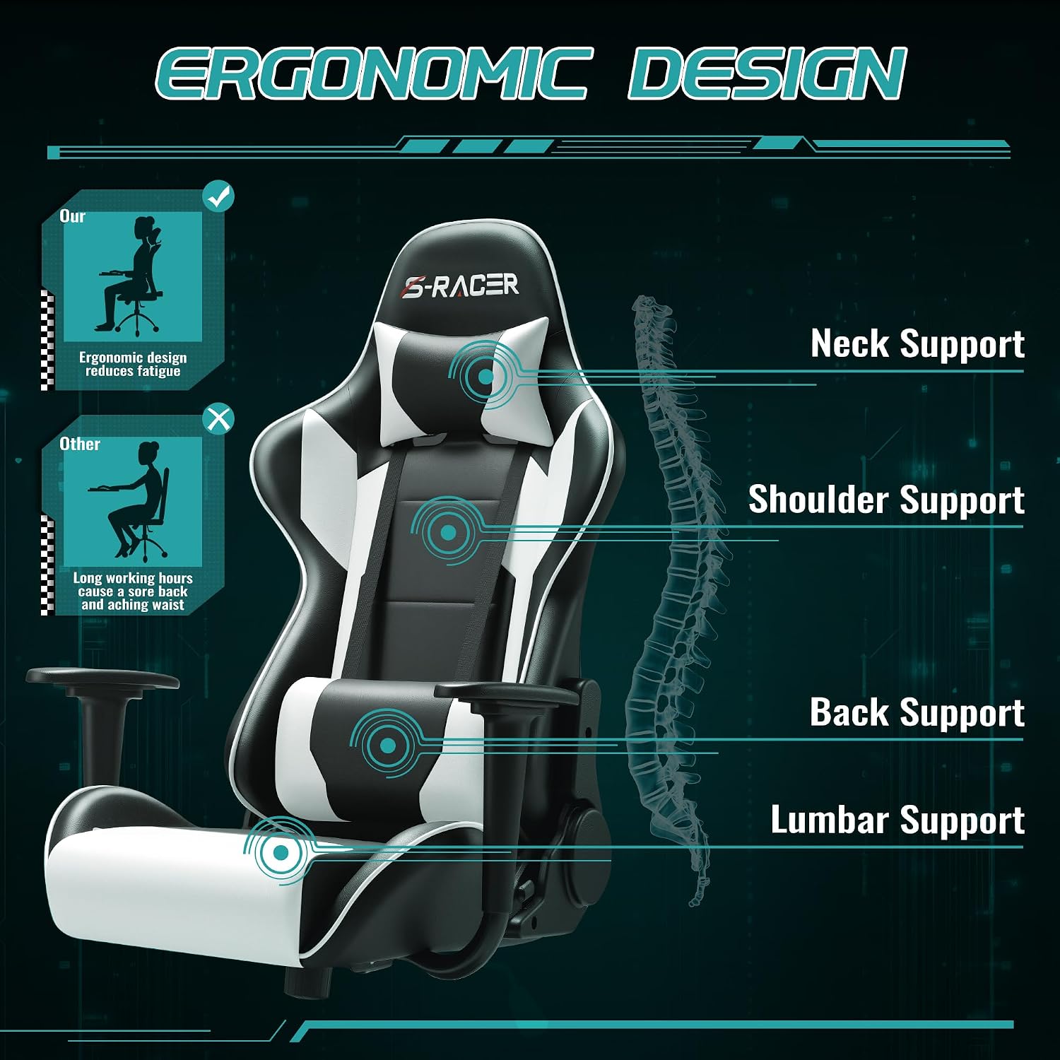 Furniwell Gaming Chair PU Leather Office Chair High Back Computer Desk Chair Adjustable Swivel Racing Executive Leather Ergonomic Task with Headrest and Lumbar Support (White)