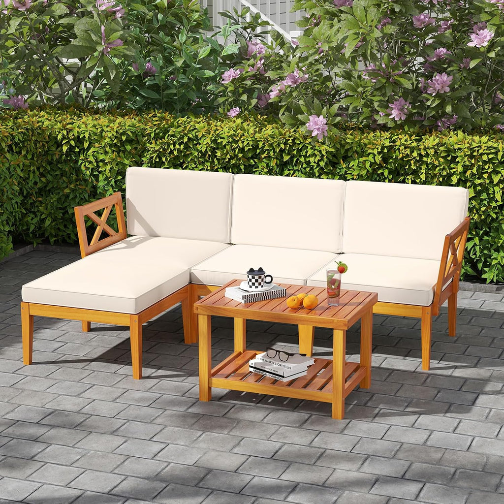 Tangkula L Shaped Outdoor Furniture Set, 5 Pieces Acacia Wood Patio Conversation Set, Modular Outdoor Lounge Sofa Set w/Cushions and Coffee Table for Garden, Backyard, Poolside