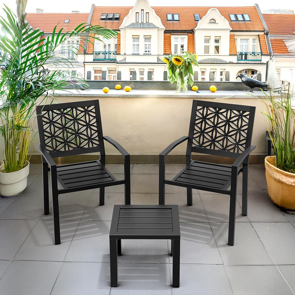 VINGLI 3-Piece Outdoor Bistro Set, Stackable Modern Metal Steel Table and Chairs with Rust-Resistant Coating, Small Patio Furniture Conversation Set for Porch, Deck, Balcony, Garden, Black