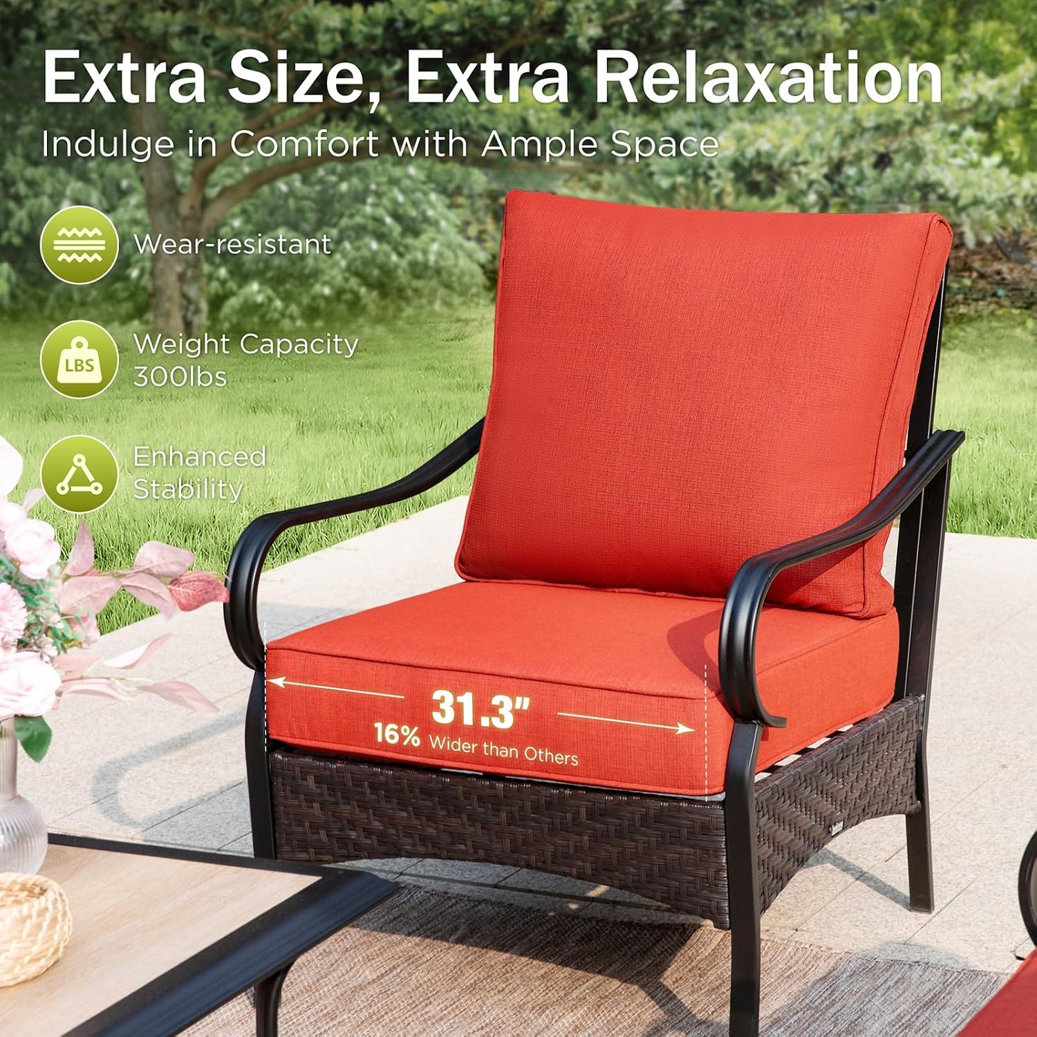 PHI VILLA Patio Furniture Set, Upgraded Wicker & Metal Modern Outdoor Conversation Sets Patio Sectional Fixed Chair Set with Coffee Table & Waterproof Thick Cushions for Porch, Deck(6 Pieces, Red)