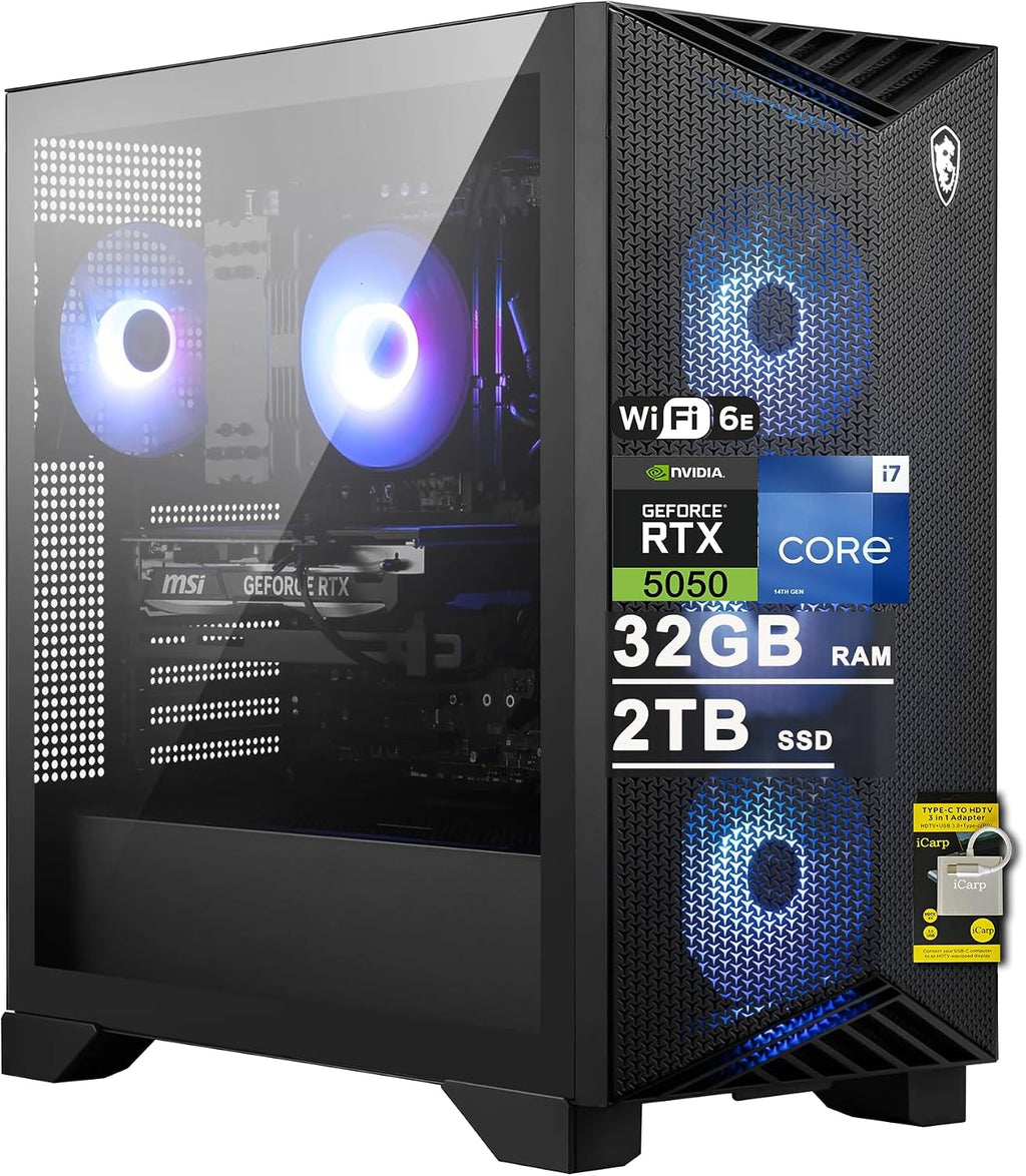 msi Aegis R2 14th Gaming Desktop Intel 10-core i5-14400F 32GB RAM 2TB SSD GeForce RTX 5050 (Up to 421 Tops) ARGB Fan Air Cooling WiFi6E 80+ Gold PSU DisplayPort Win11 ICP Hub