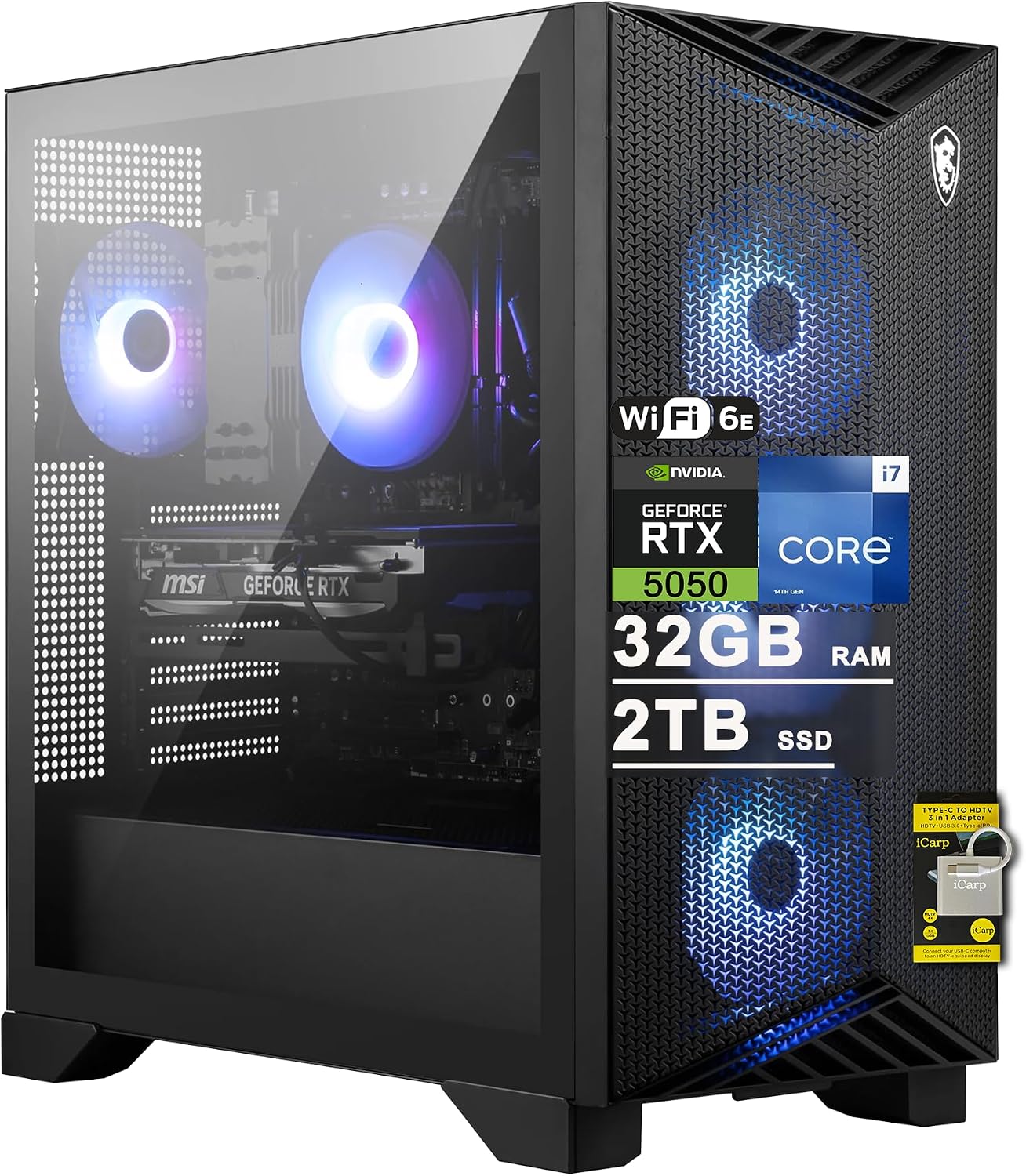 msi Aegis R2 14th Gaming Desktop Intel 10-core i5-14400F 32GB RAM 2TB SSD GeForce RTX 5050 (Up to 421 Tops) ARGB Fan Air Cooling WiFi6E 80+ Gold PSU DisplayPort Win11 ICP Hub