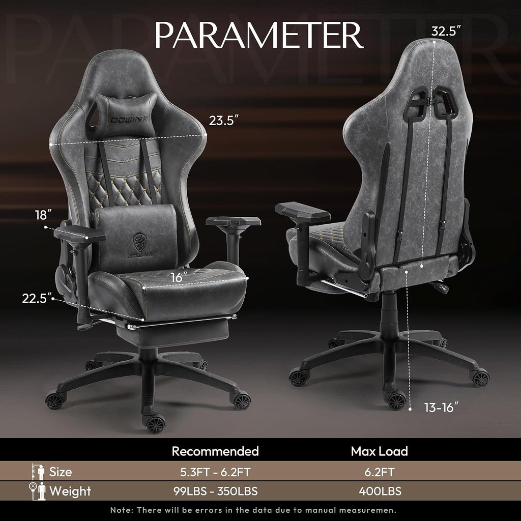 Dowinx Big and Tall Gaming Chair 400LBS, Ergonomic Computer Chair with Massage Lumbar Support & Footrest, High Back Comfortable Office & Gaming Chair with 4D Armrests, PU Leather, Grey