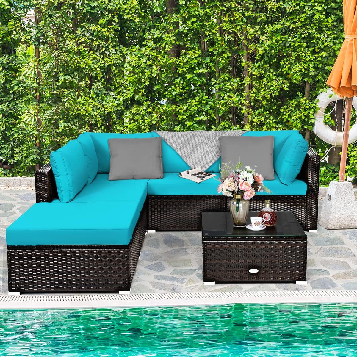 Tangkula 6 Piece Patio Furniture Set, Outdoor Deck Lawn Backyard Durable Steel Frame PE Rattan Wicker Sectional Sofa Set, Conversation Set with Coffee Table (Turquoise)