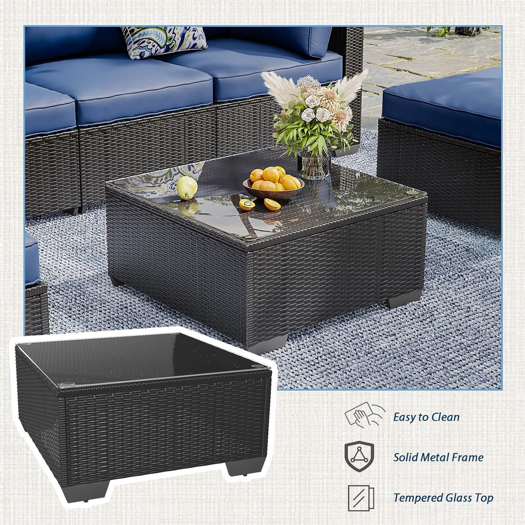 AECOJOY 7 Piece Outdoor Patio Furniture Set, Outdoor Sectional Conversation Furniture Chair with Coffee Table, Patio Sectional for Backyard, Garden(Navy Cushions and Black Rattan, with Cover)
