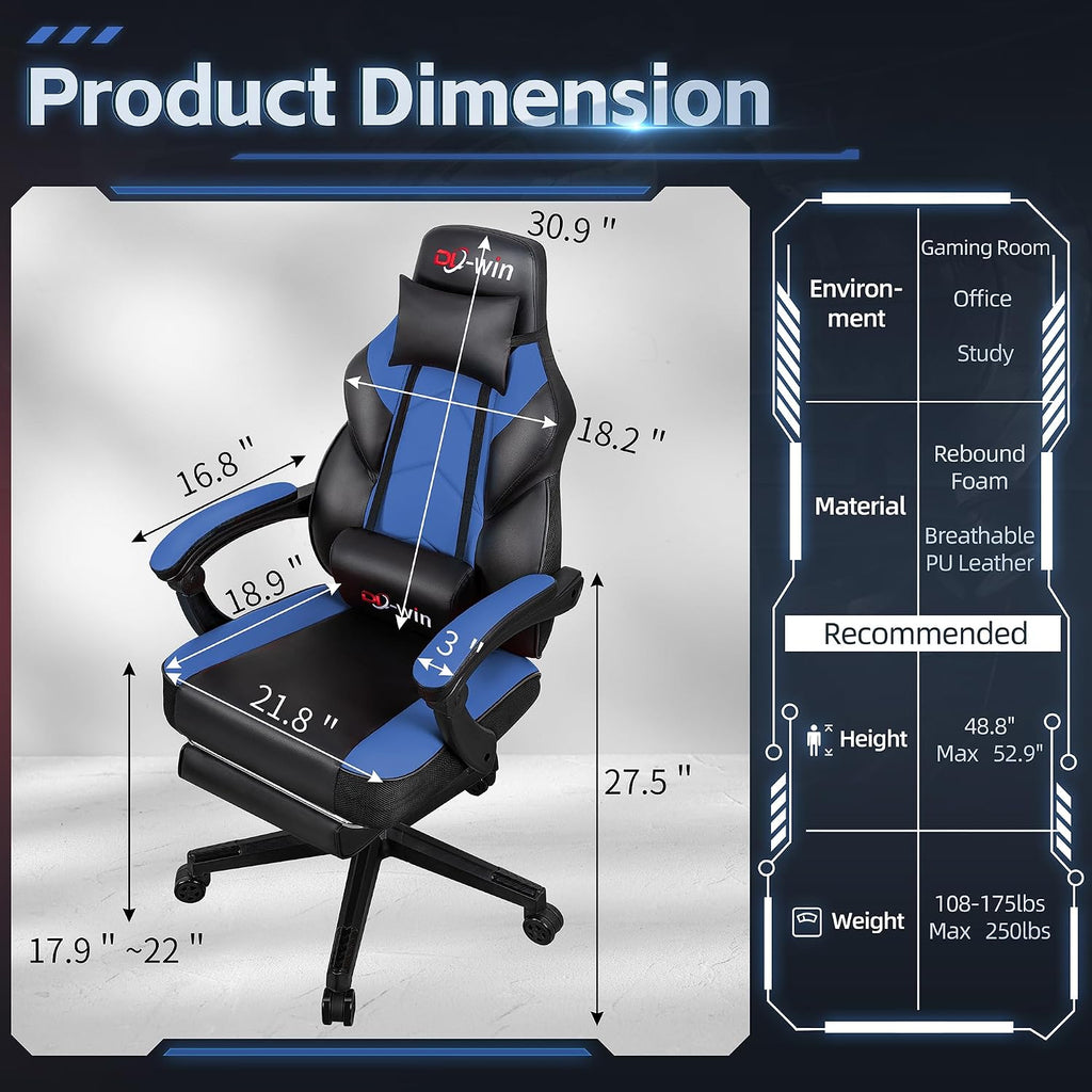 DL-win Gaming Chairs for Adults, Computer Chair with Footrest and Ergonomic High Back, Big and Tall Gamer Chairs with Massage Lumbar Support, 360° Swivel Height Adjustable Gaming Chair, Blue